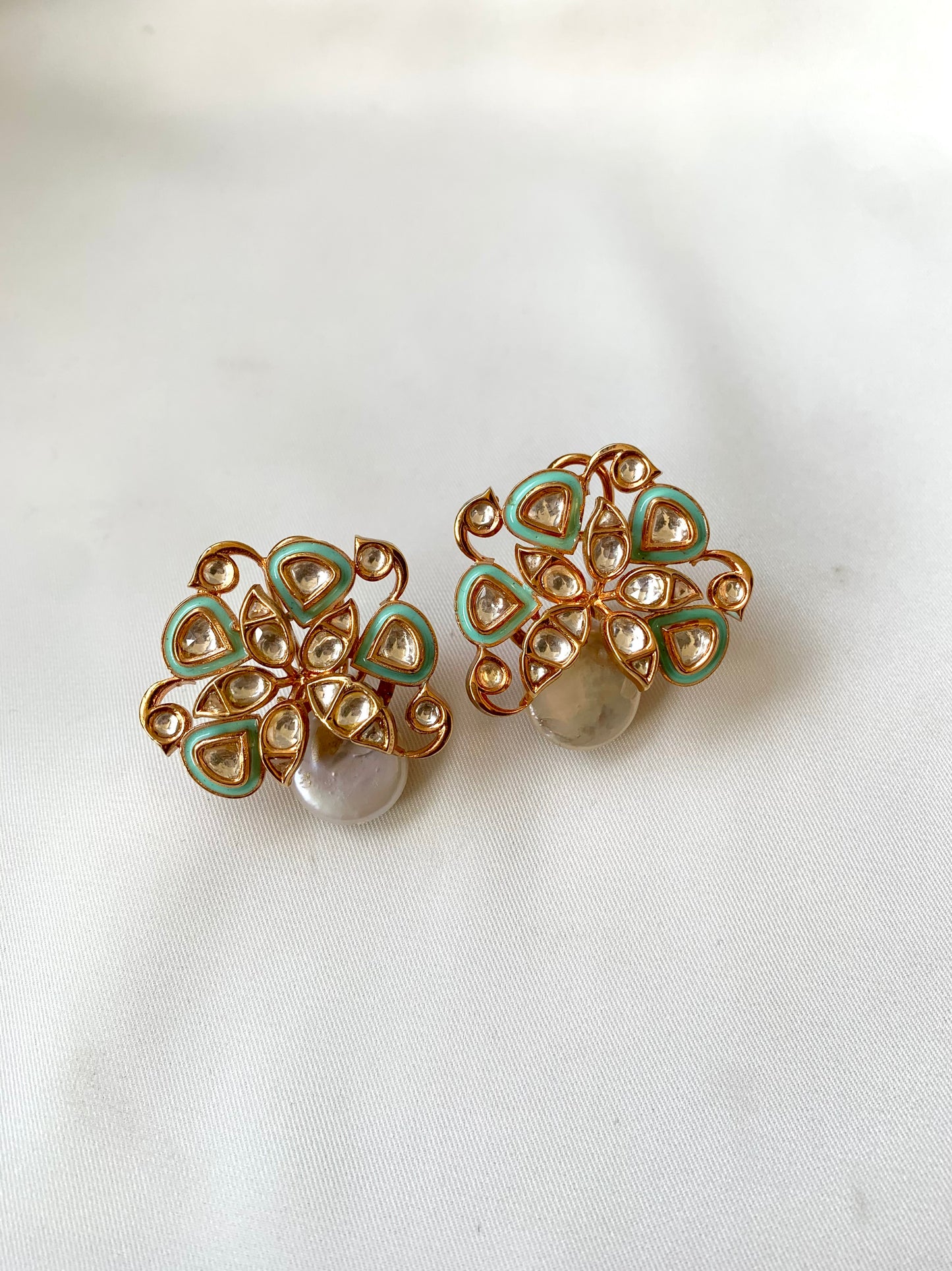 Serwa Mint rose gold plated signature studs with baroque pearls and polki kundan meena detailing