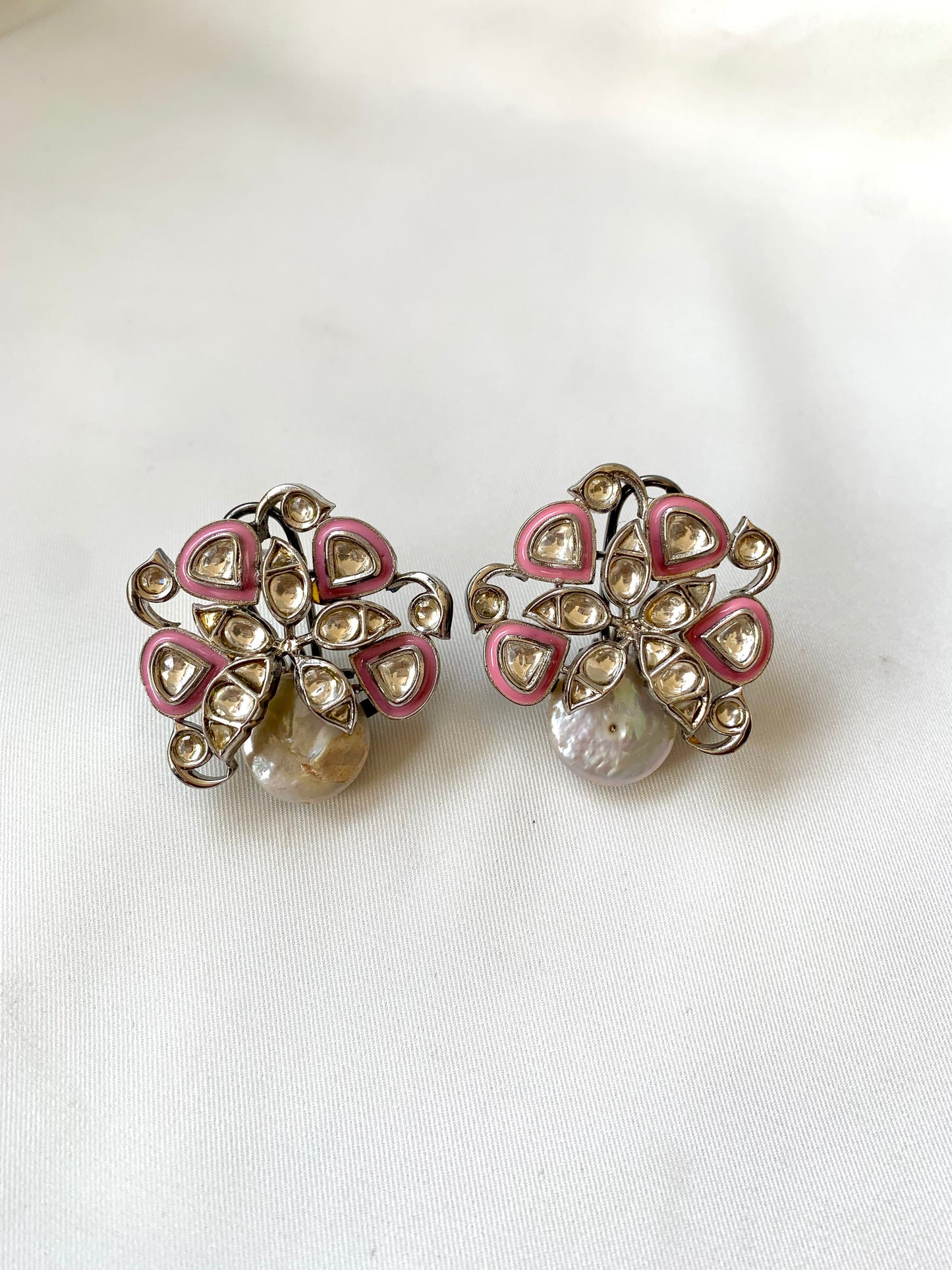 Serwa Pink rhodium plated signature studs with baroque pearls and polki kundan meena detailing