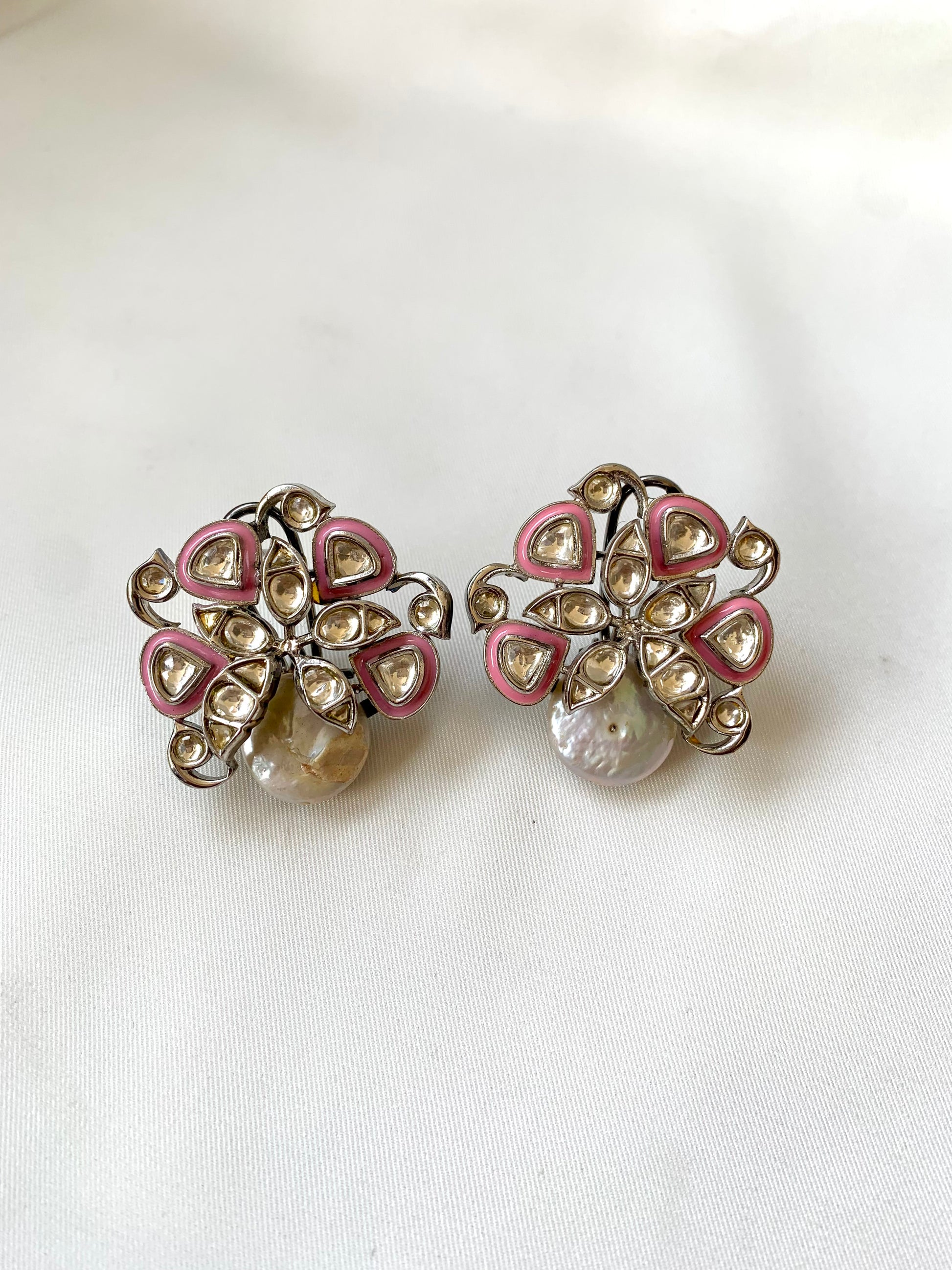 Serwa Pink rhodium plated signature studs with baroque pearls and polki kundan meena detailing