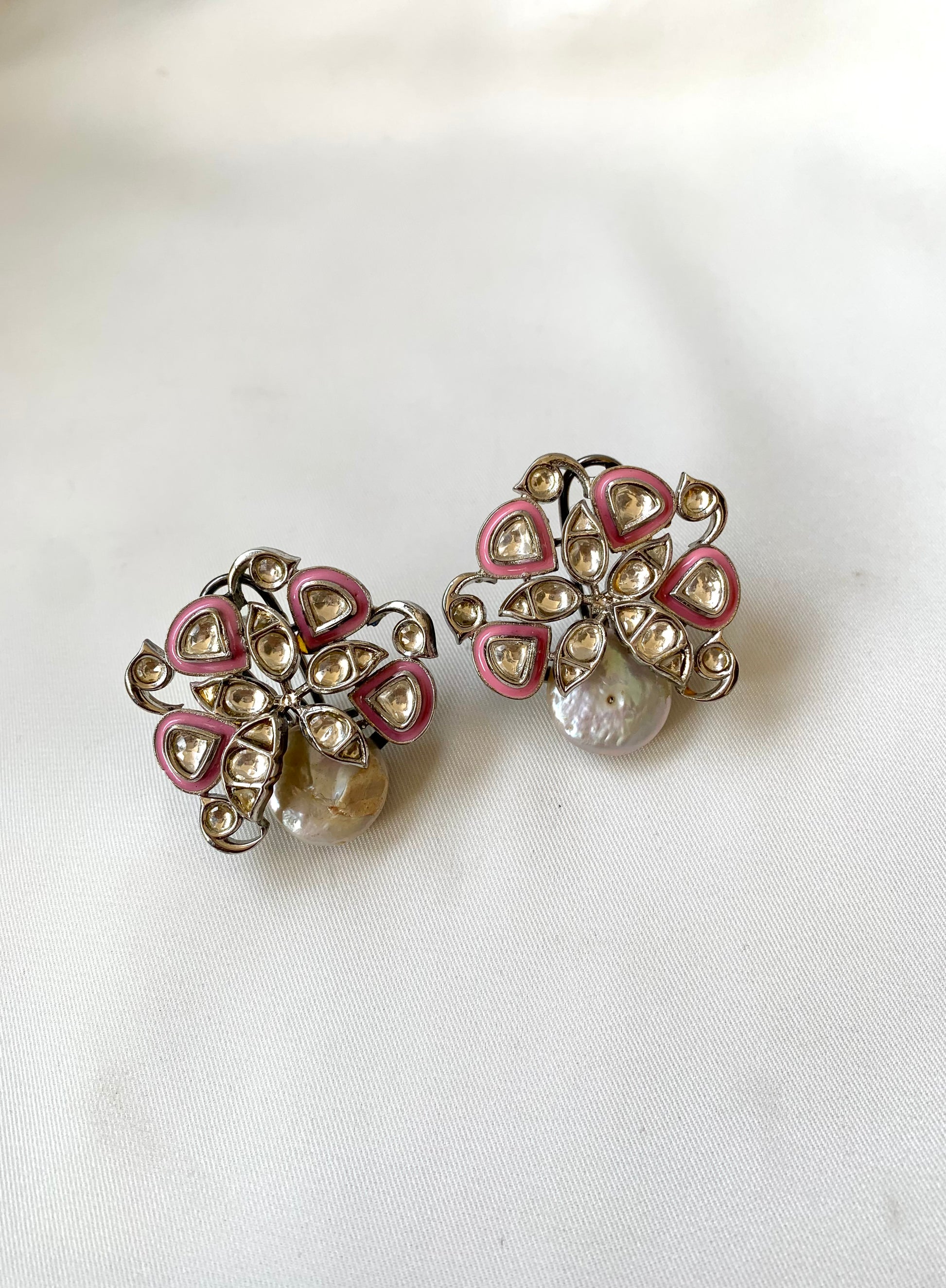 Serwa Pink rhodium plated signature studs with baroque pearls and polki kundan meena detailing