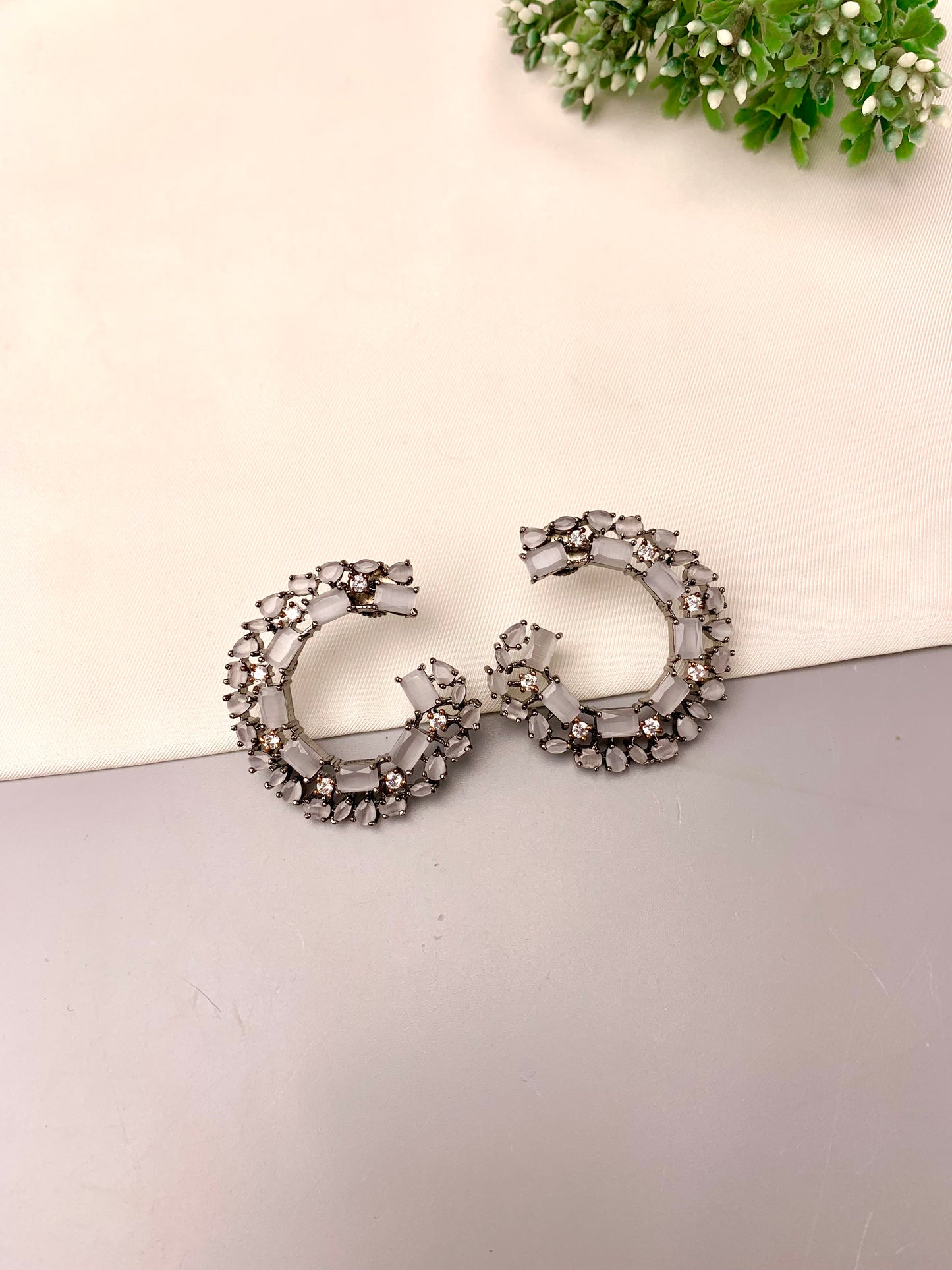Shajila handcrafted rhodium plated oxidized earrings with American Diamonds and semi-precious Grey Onyx