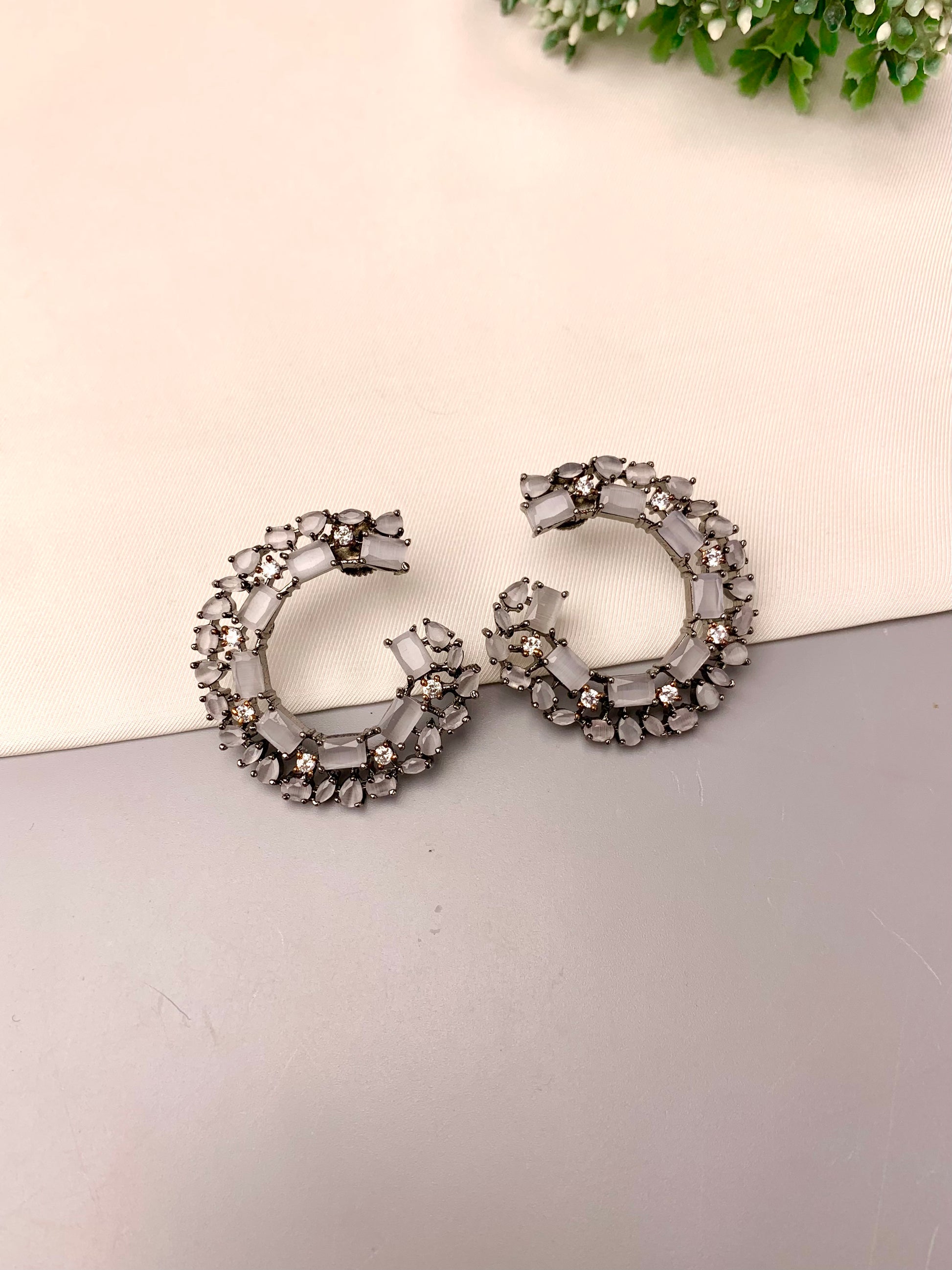 Shajila handcrafted rhodium plated oxidized earrings with American Diamonds and semi-precious Grey Onyx
