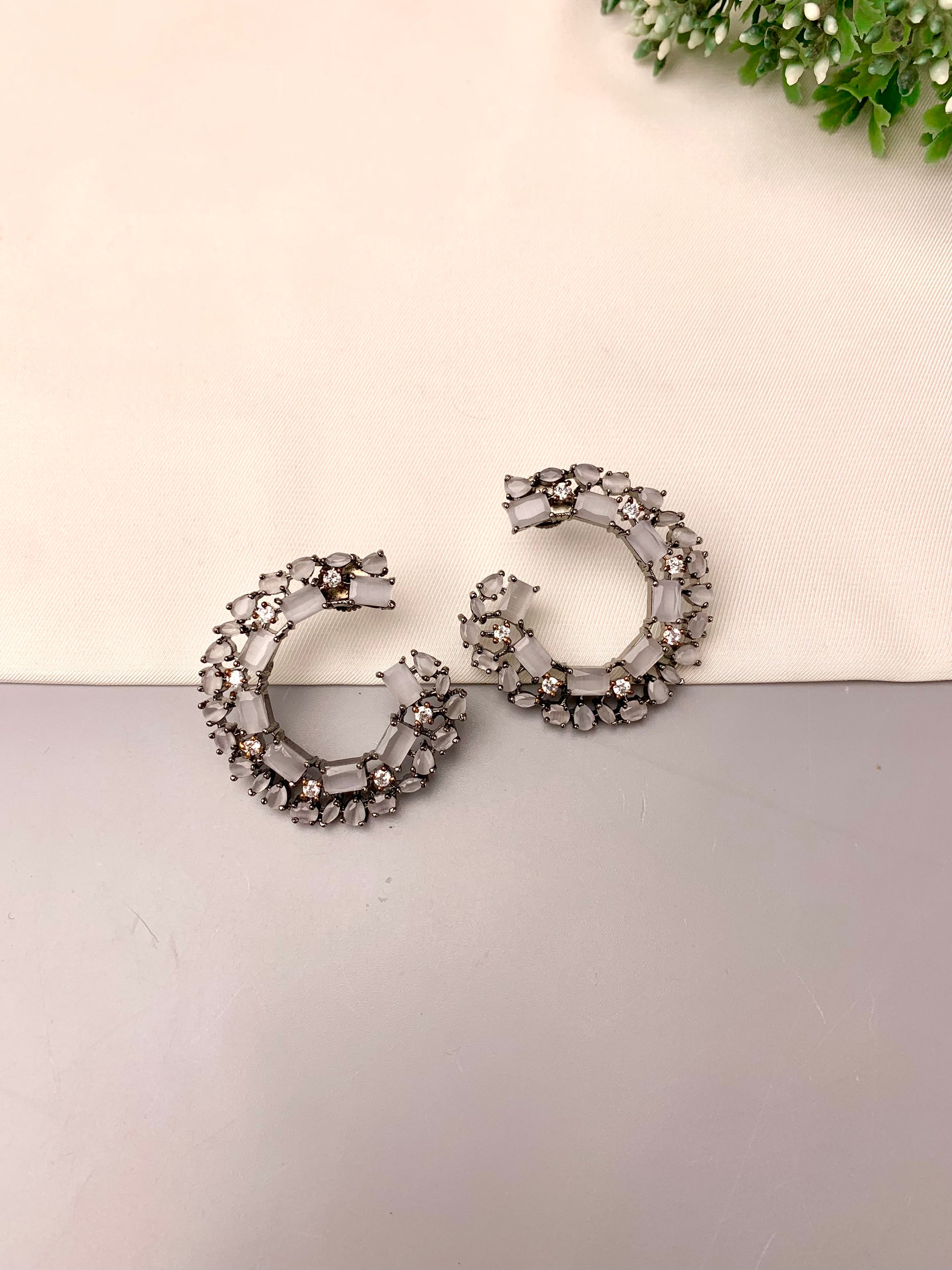 Shajila handcrafted rhodium plated oxidized earrings with American Diamonds and semi-precious Grey Onyx