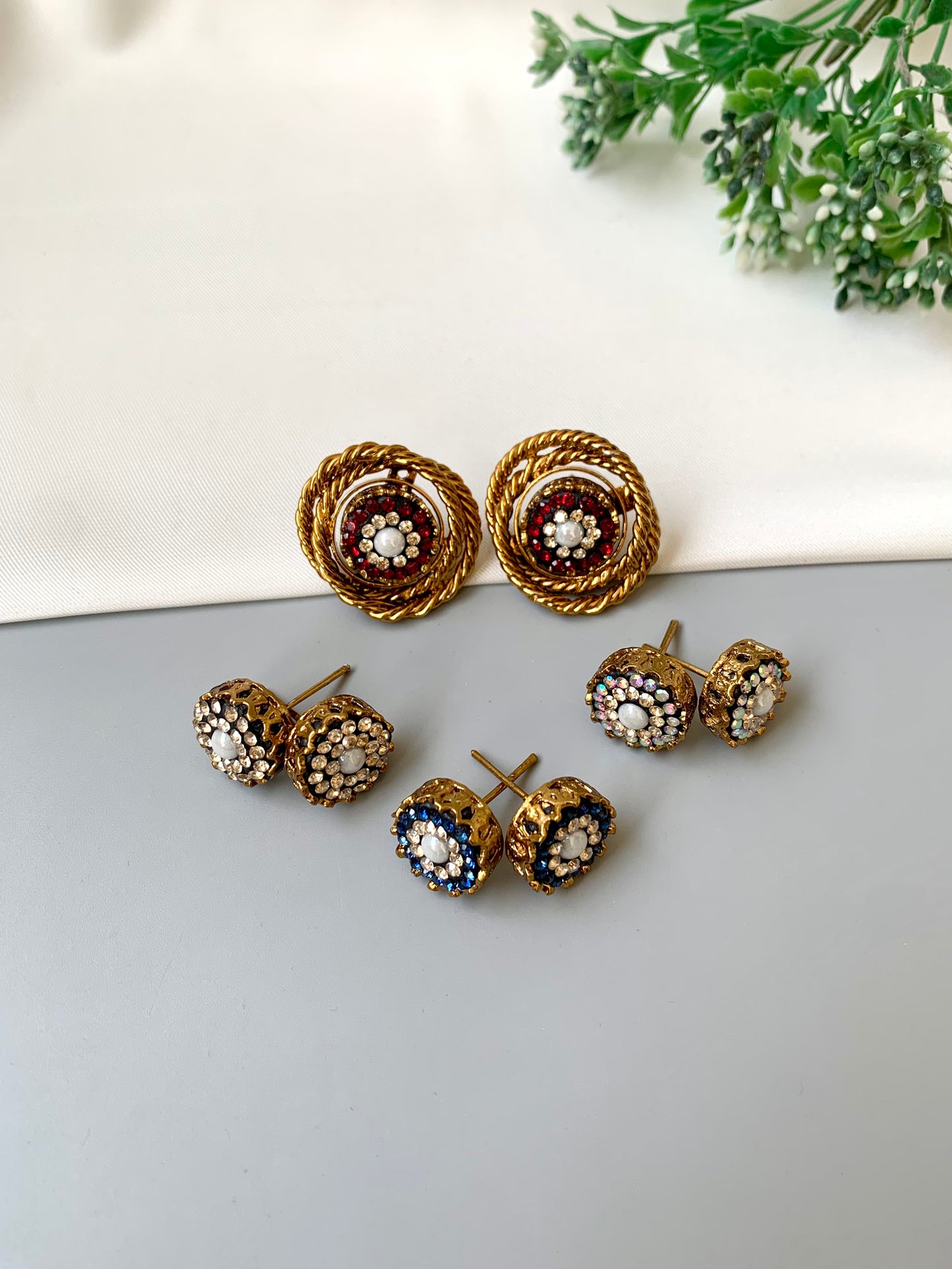 Shama handcrafted changeable stud set with Turkish stones in gold and rhodium plating including four interchangeable tops and frame