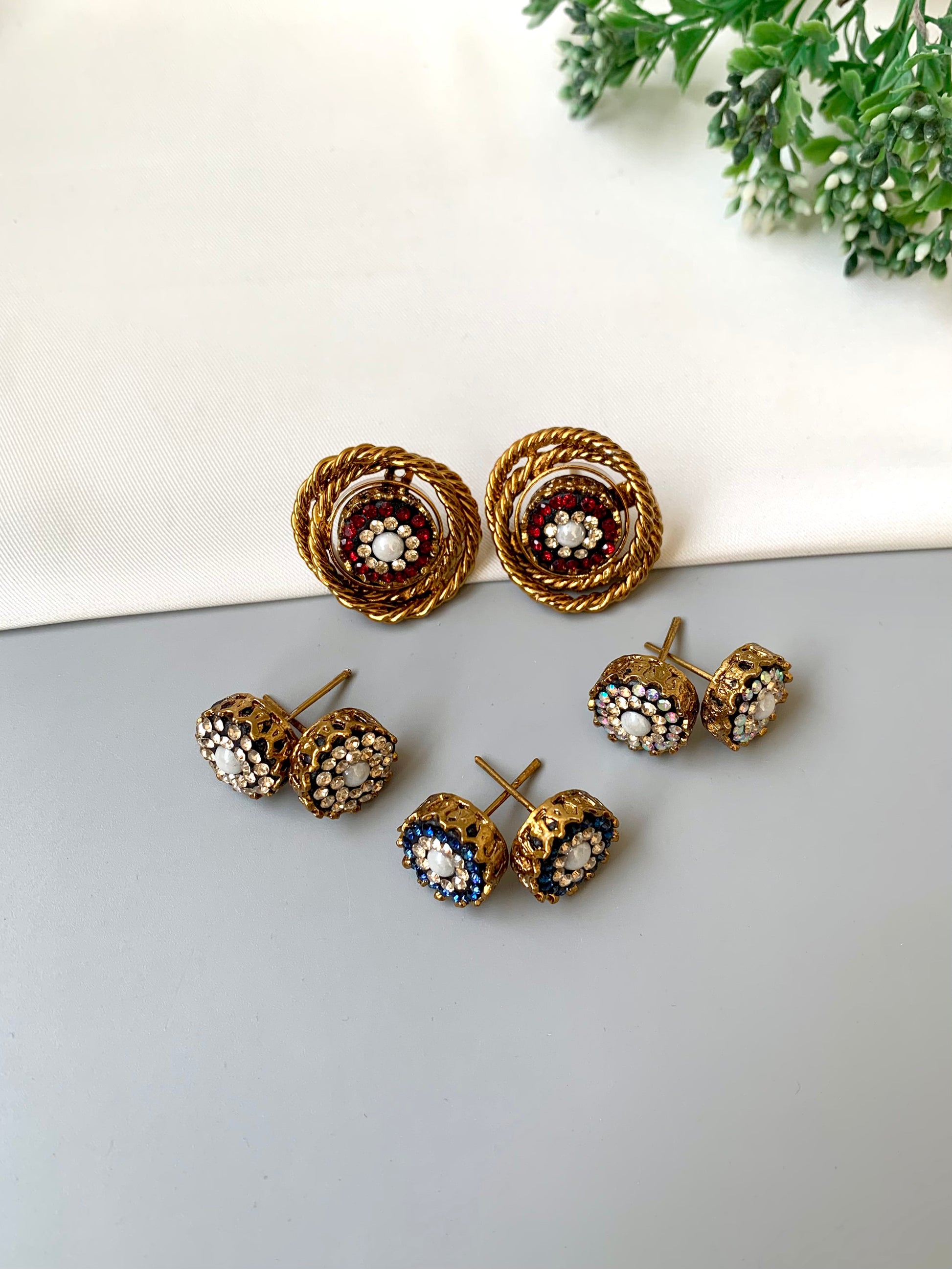 Shama handcrafted changeable stud set with Turkish stones in gold and rhodium plating including four interchangeable tops and frame