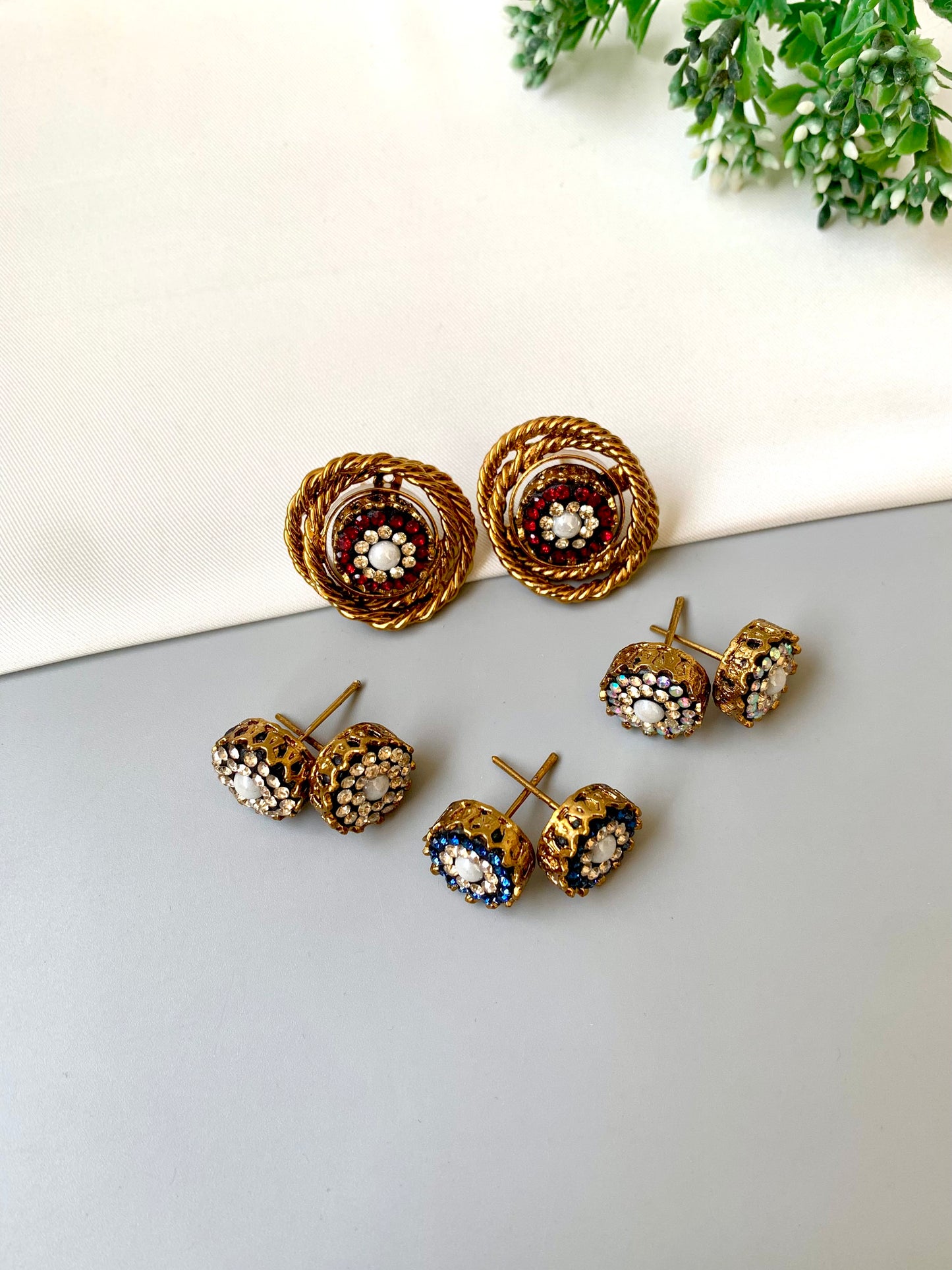 Shama handcrafted changeable stud set with Turkish stones in gold and rhodium plating including four interchangeable tops and frame