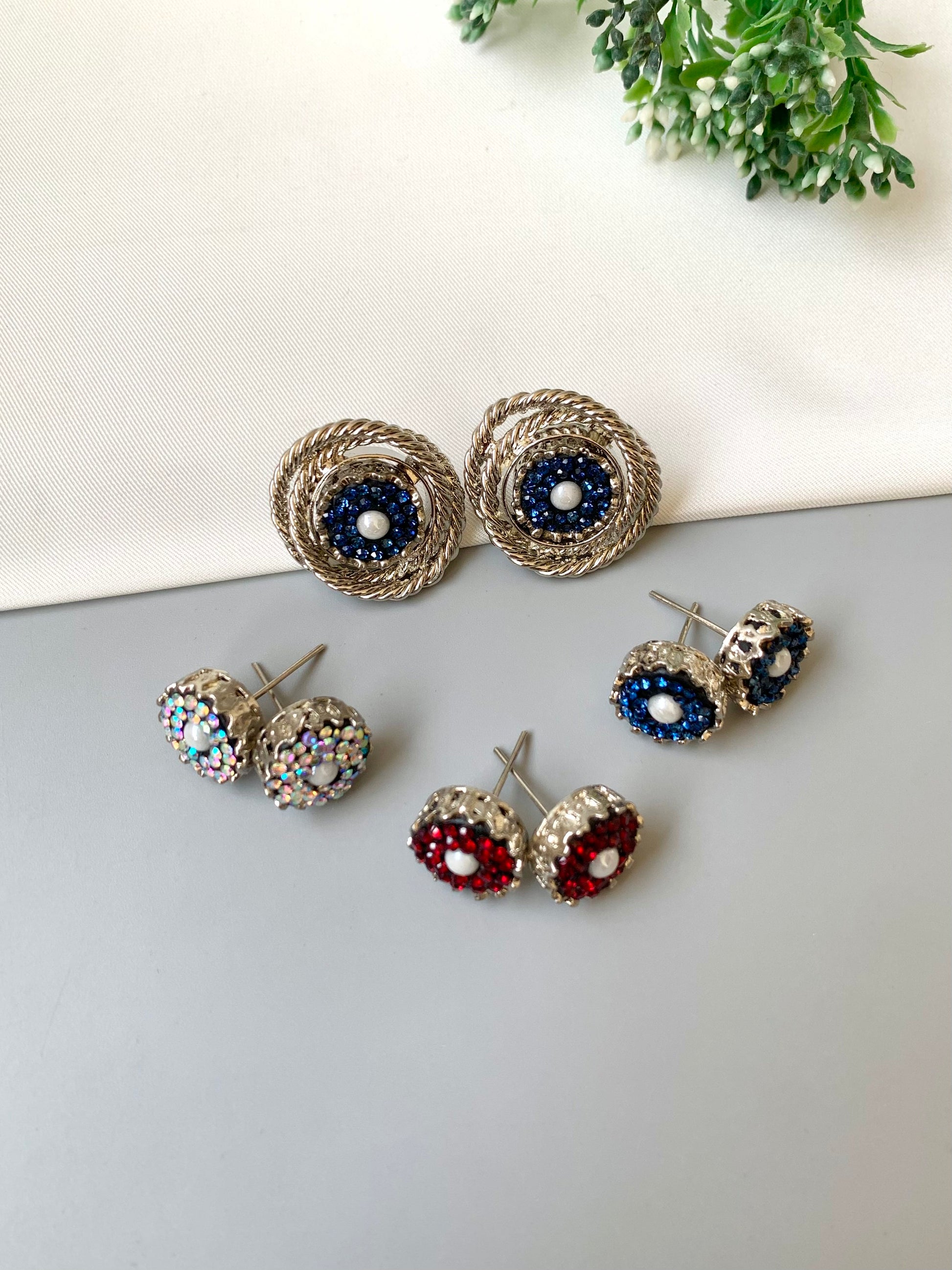 Shama handcrafted changeable stud set with Turkish stones in gold and rhodium plating including four interchangeable tops and frame