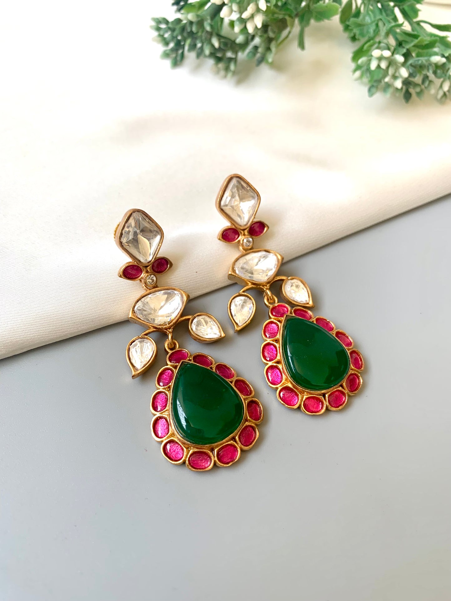 Silvia ruby emerald moissanite kundan earrings in victorian gold plating