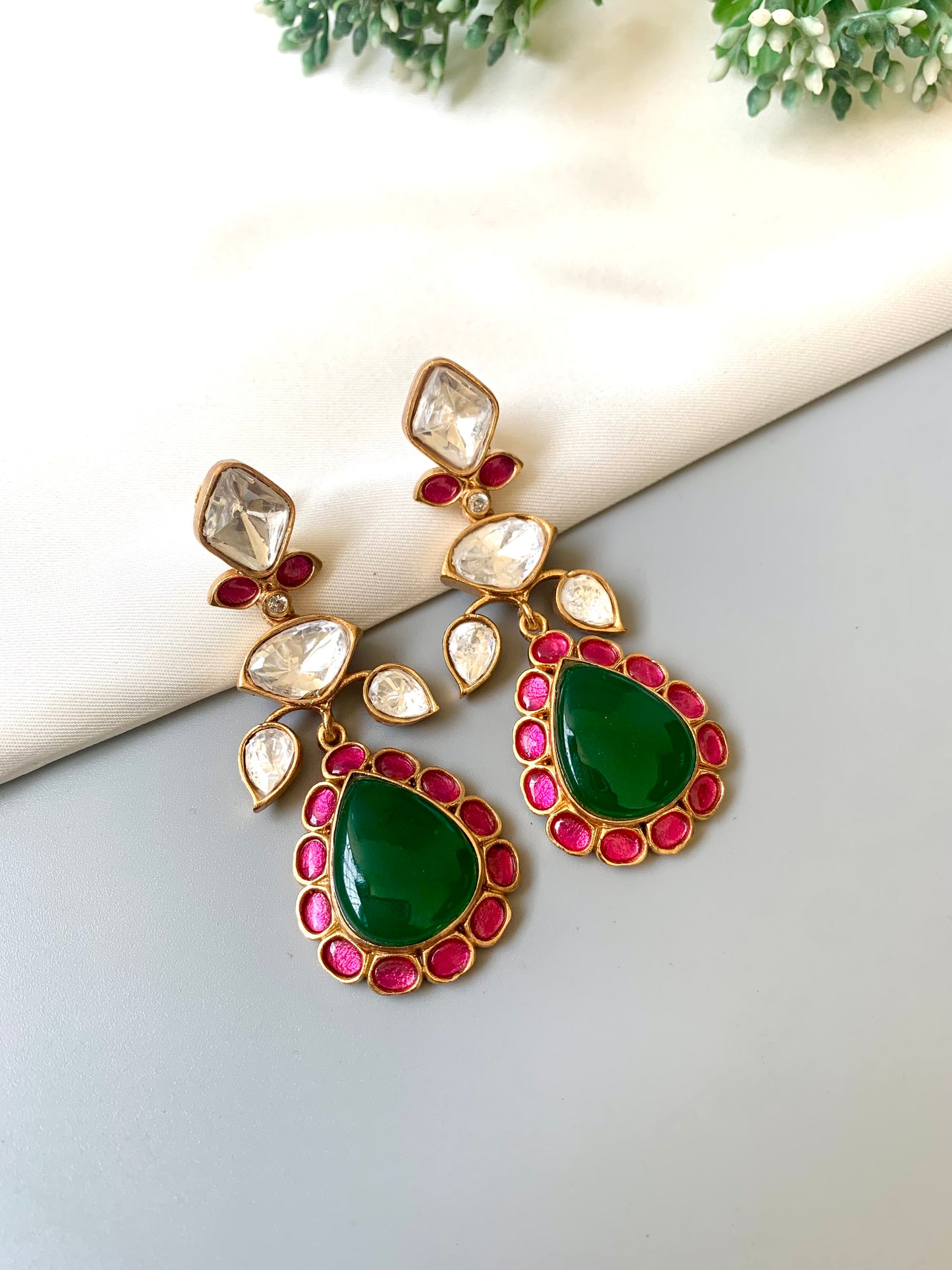 Silvia ruby emerald moissanite kundan earrings in victorian gold plating