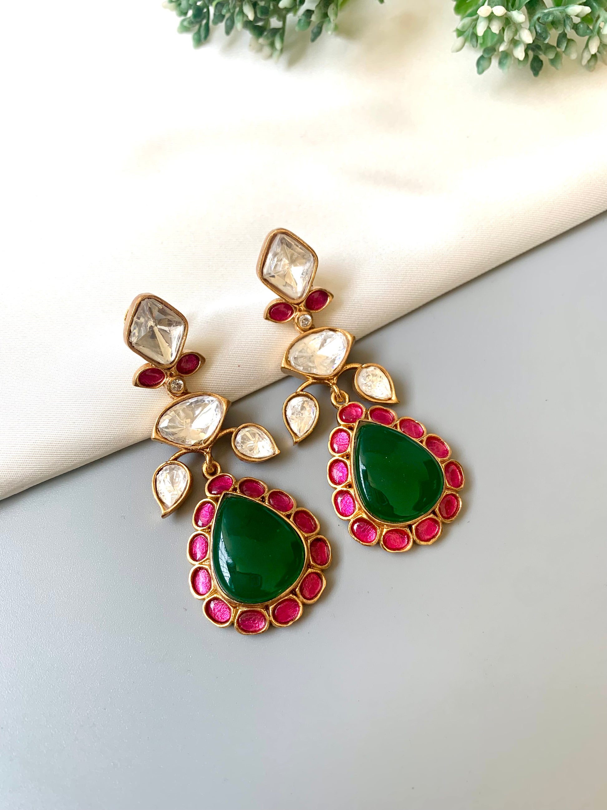 Silvia ruby emerald moissanite kundan earrings in victorian gold plating