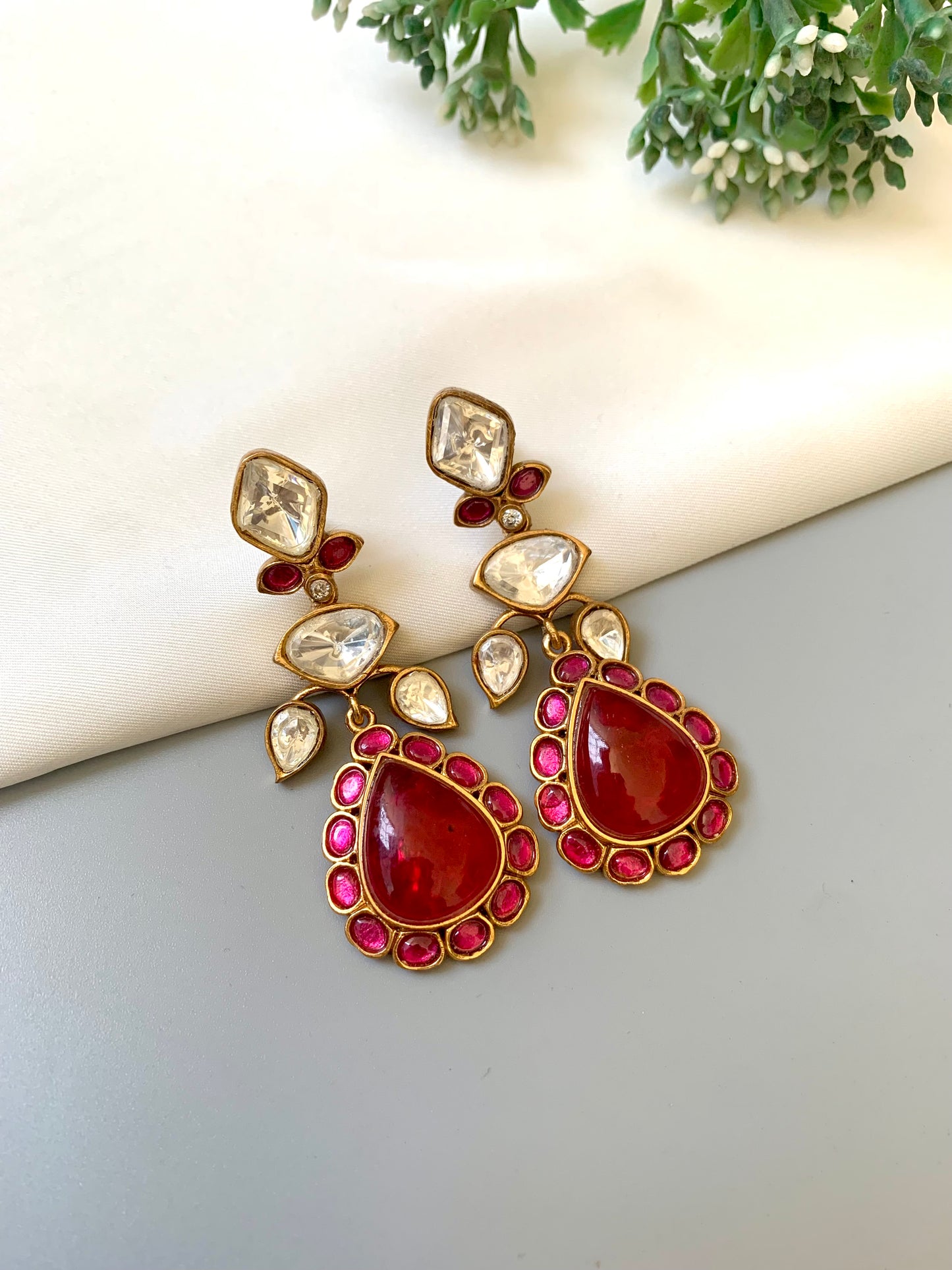 Silvia ruby moissanite kundan earrings in victorian gold plating