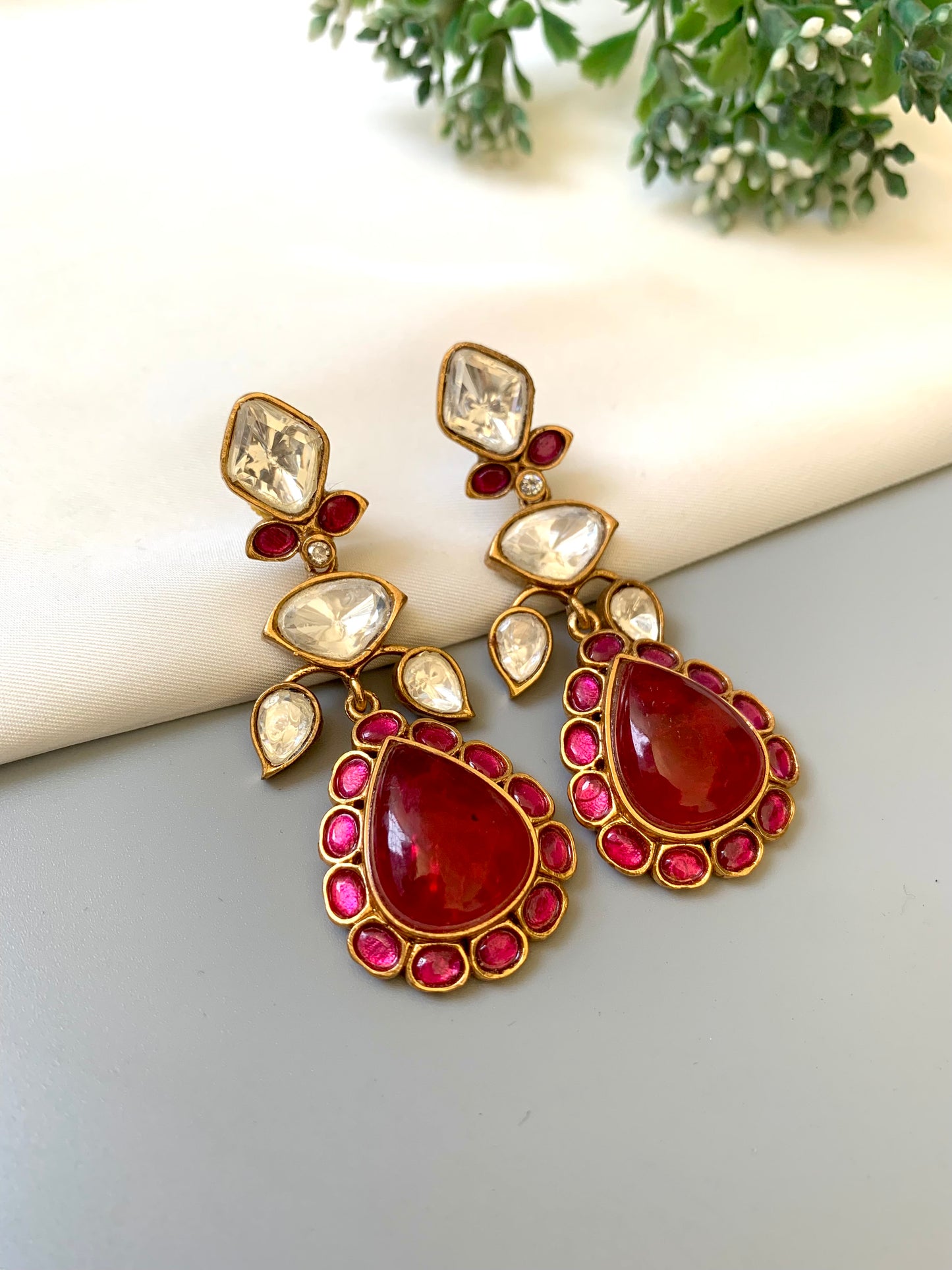 Silvia ruby moissanite kundan earrings in victorian gold plating