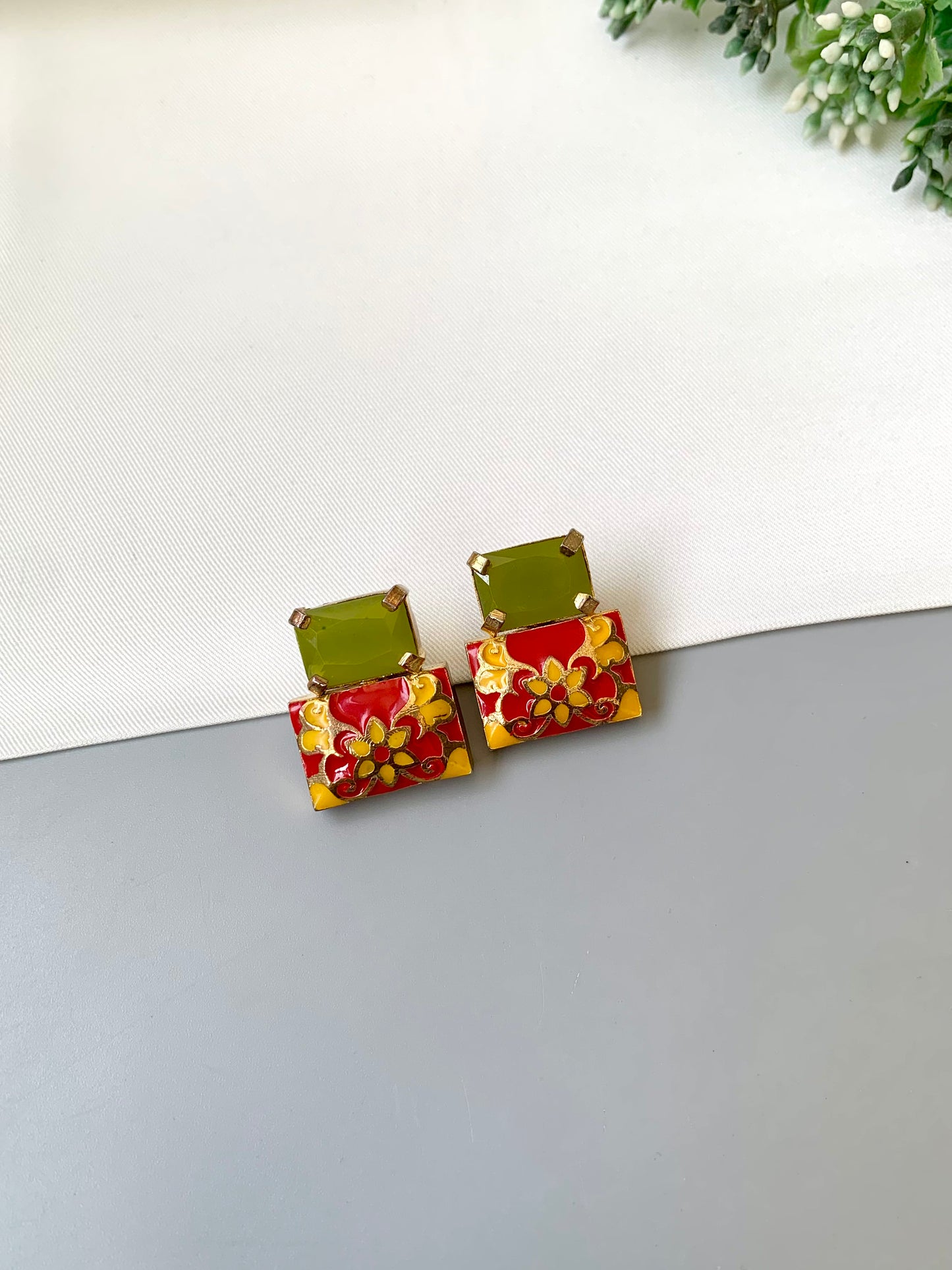 Simona mint meena studs in gold plating with semi precious mint stone