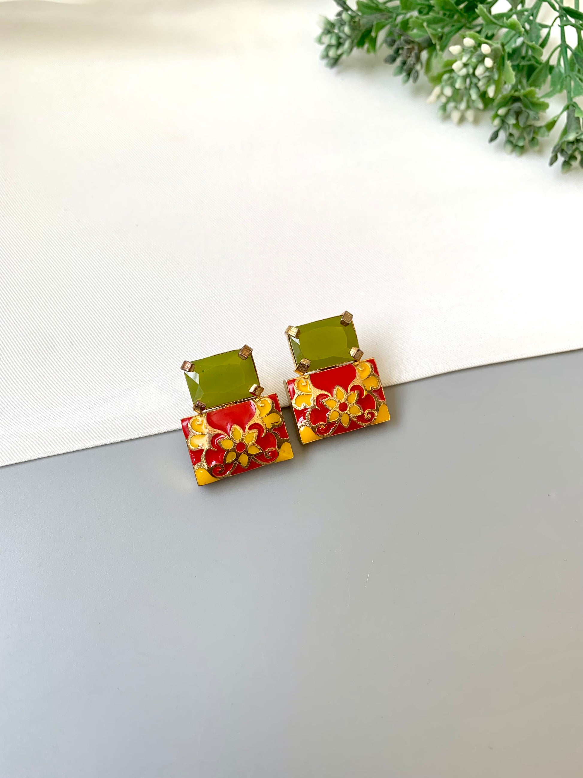 Simona mint meena studs in gold plating with semi precious mint stone