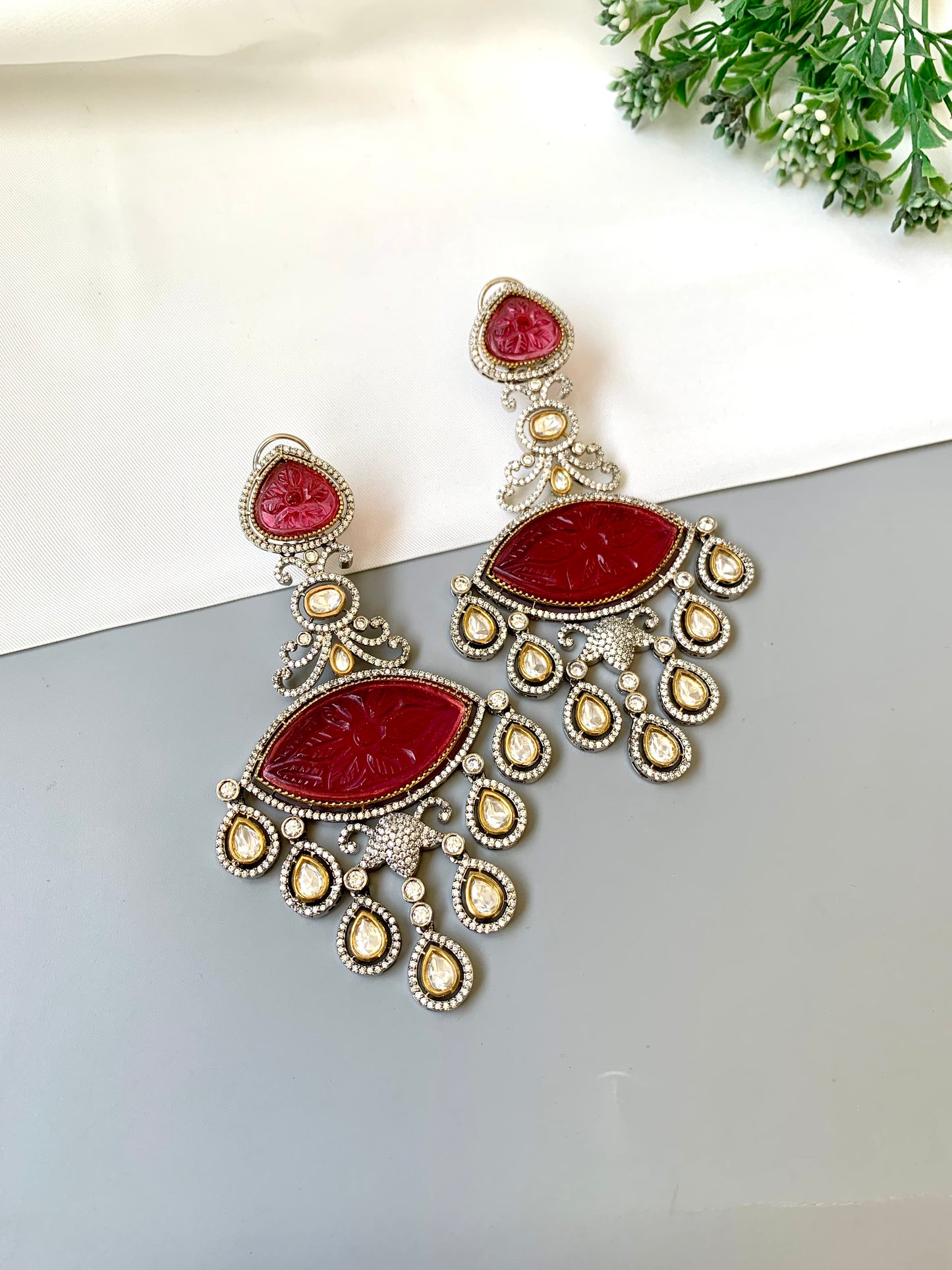 Simona ruby designer danglers in rhodium oxidized finish with polki kundan and american diamonds