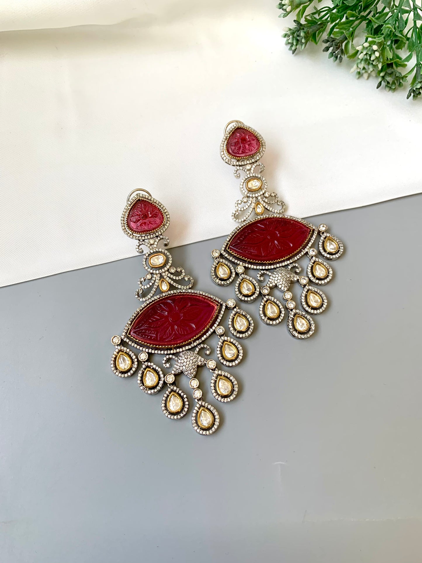 Simona ruby designer danglers in rhodium oxidized finish with polki kundan and american diamonds