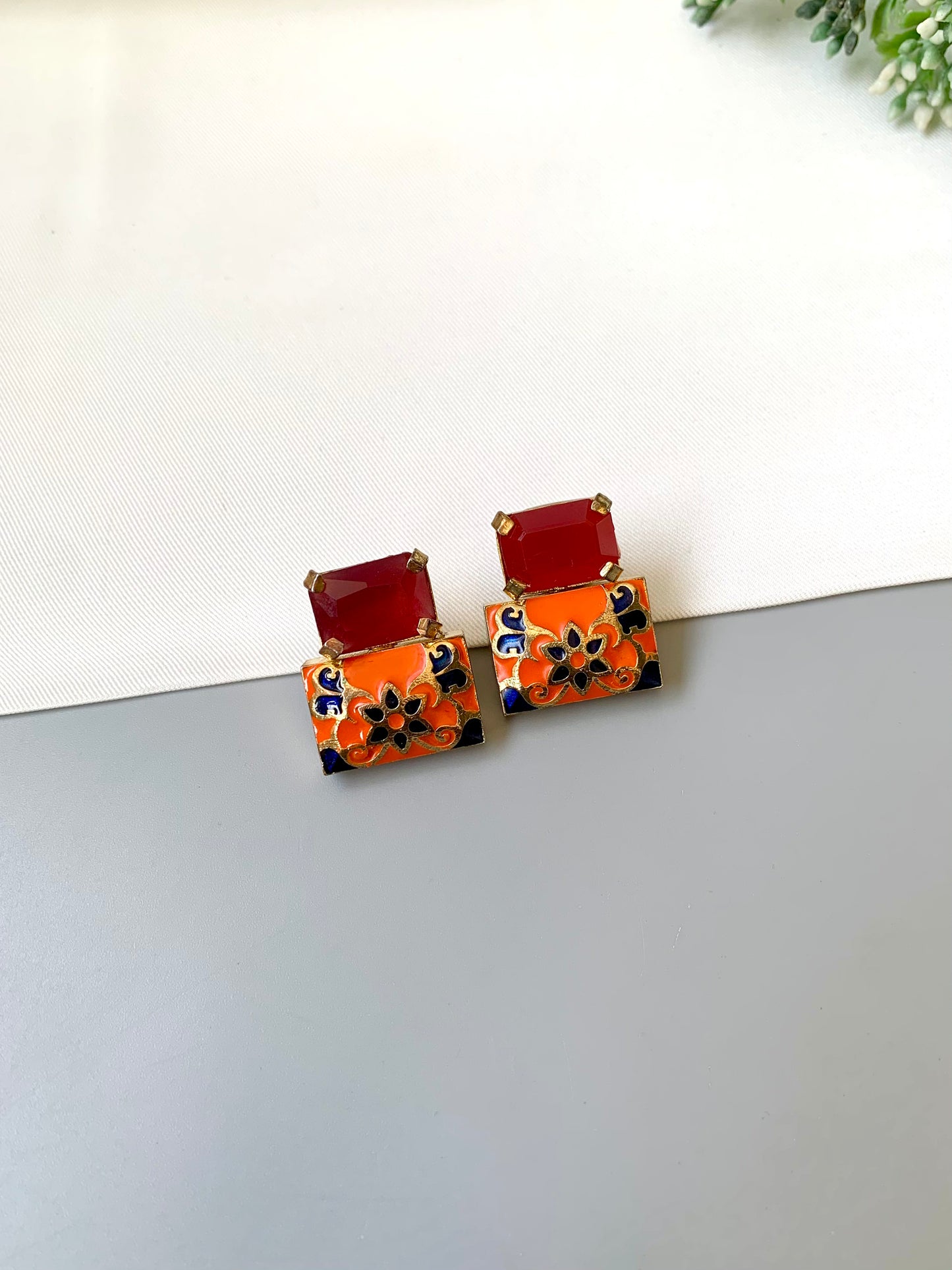 Simona ruby meena studs in gold plating with semi precious ruby stone