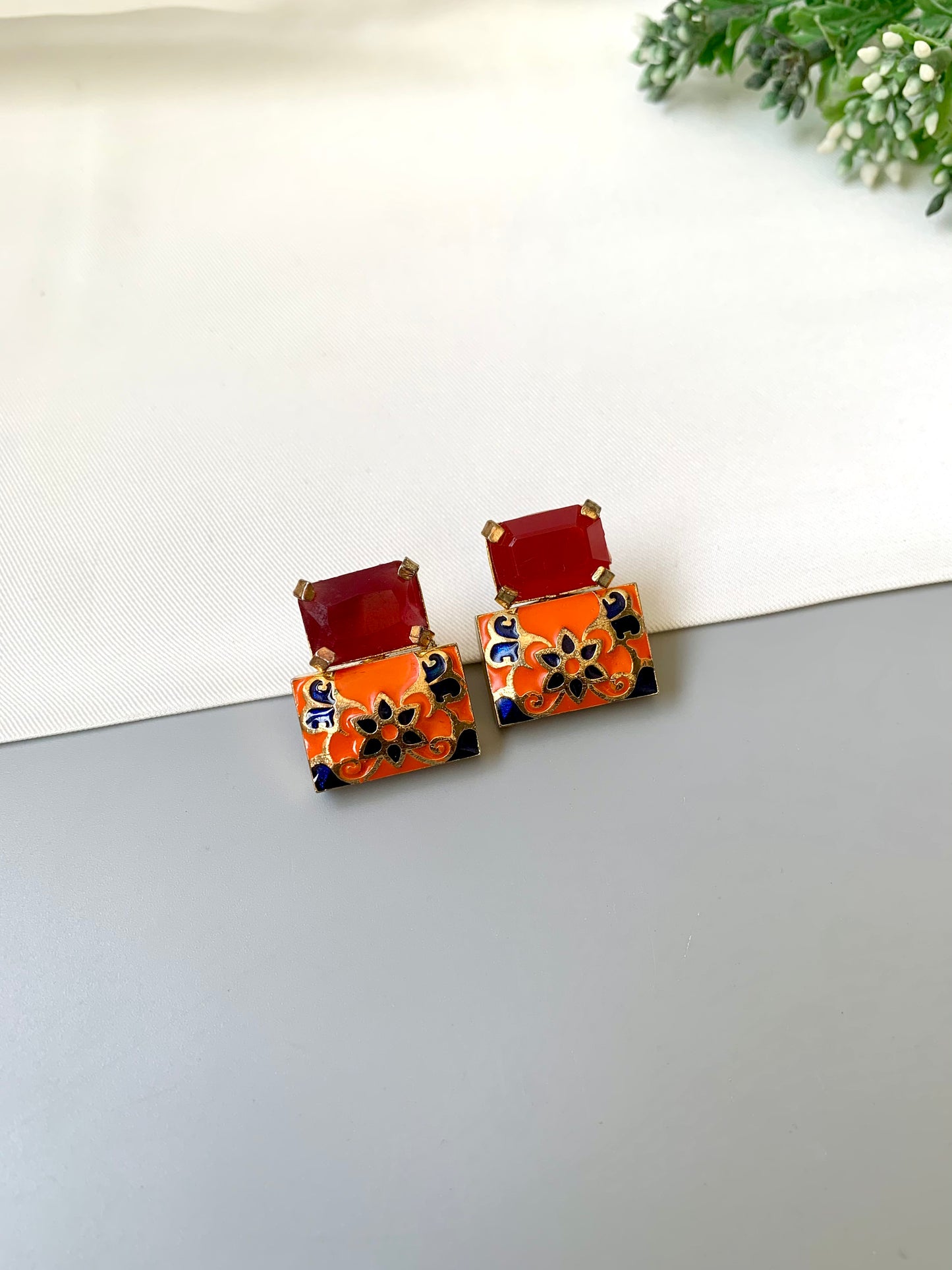 Simona ruby meena studs in gold plating with semi precious ruby stone