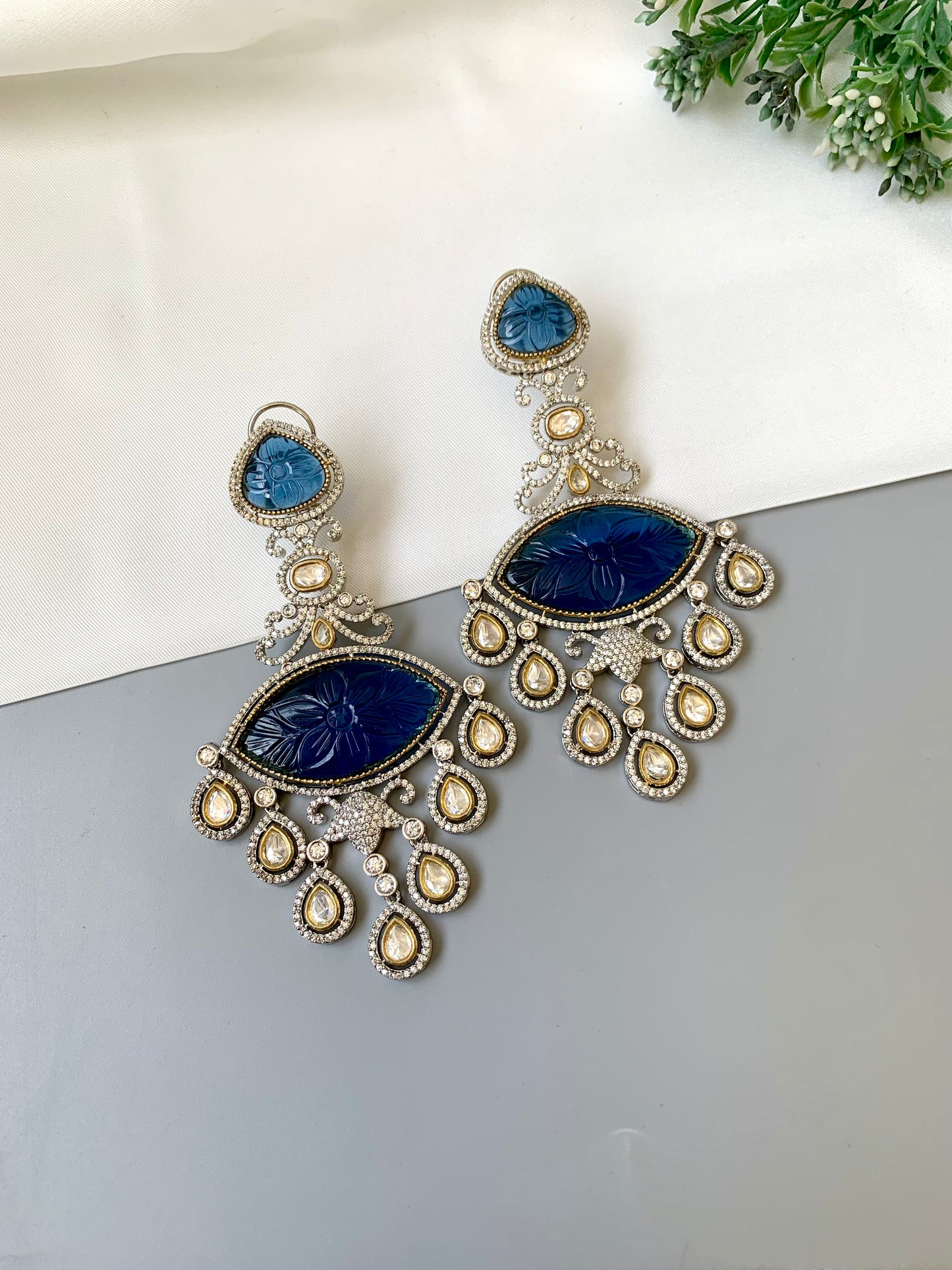 Simona sapphire designer danglers in rhodium oxidized finish with polki kundan and american diamonds