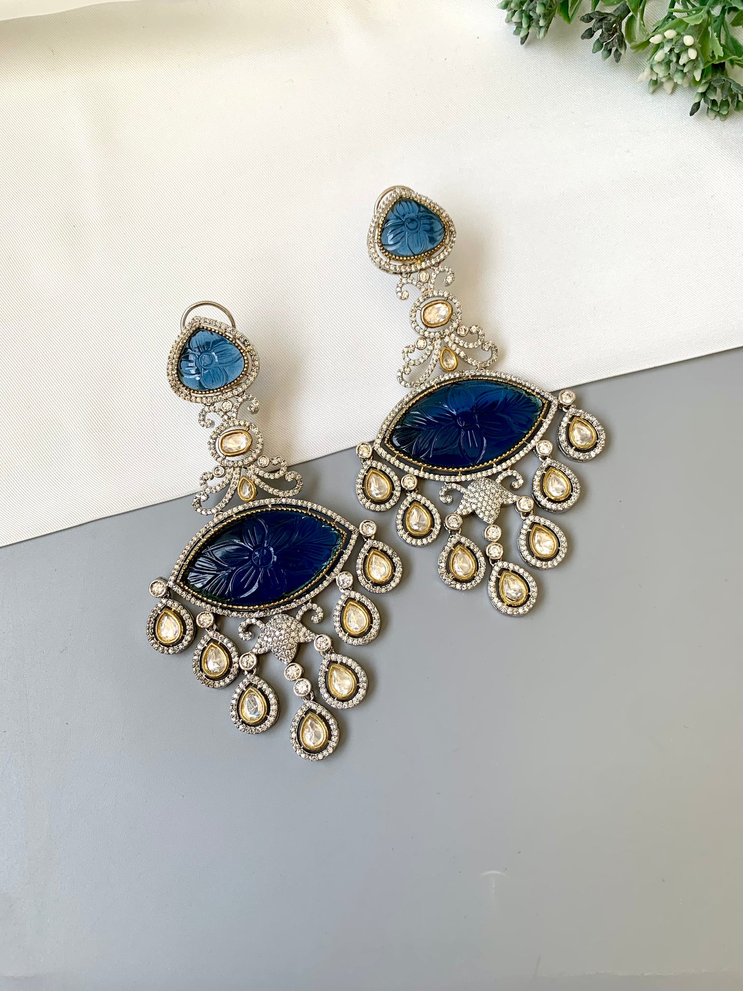 Simona sapphire designer danglers in rhodium oxidized finish with polki kundan and american diamonds
