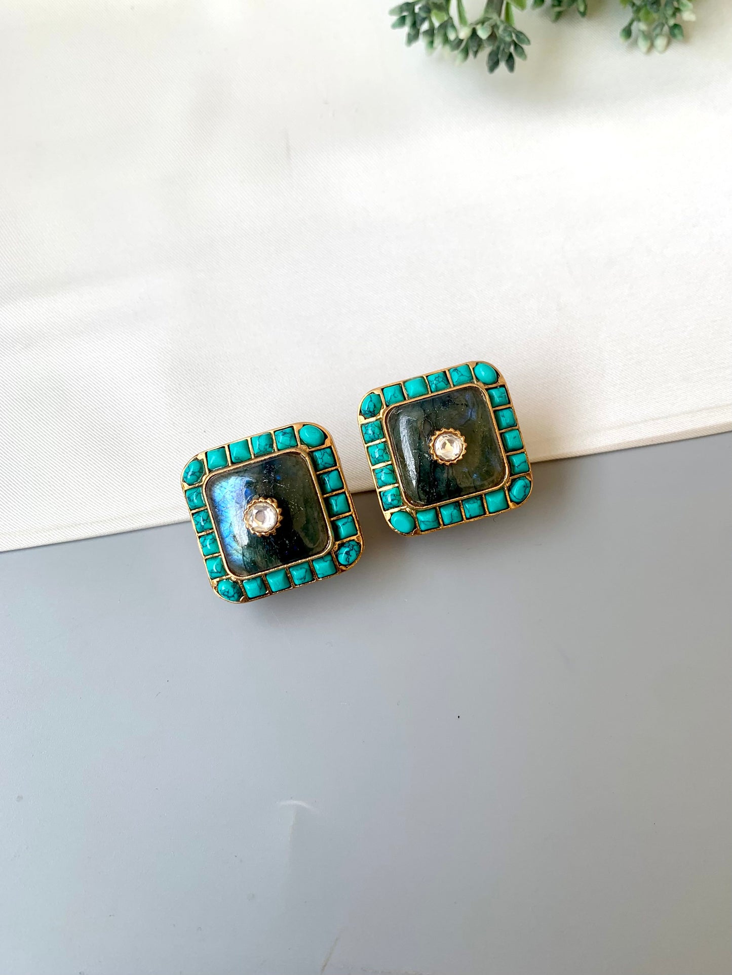 Sofi feroza moissanite kundan studs in victorian gold plating with moonstone