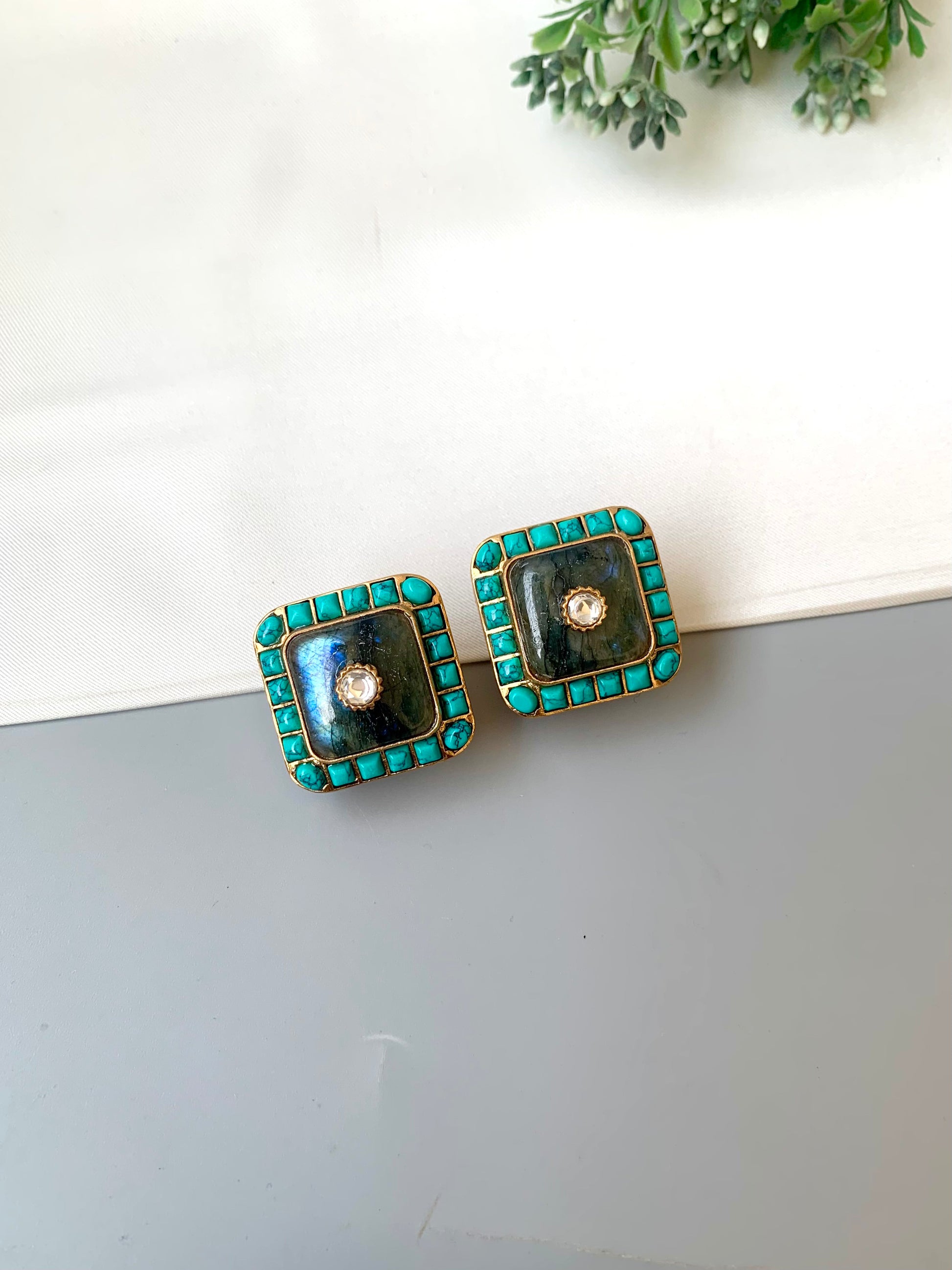 Sofi feroza moissanite kundan studs in victorian gold plating with moonstone