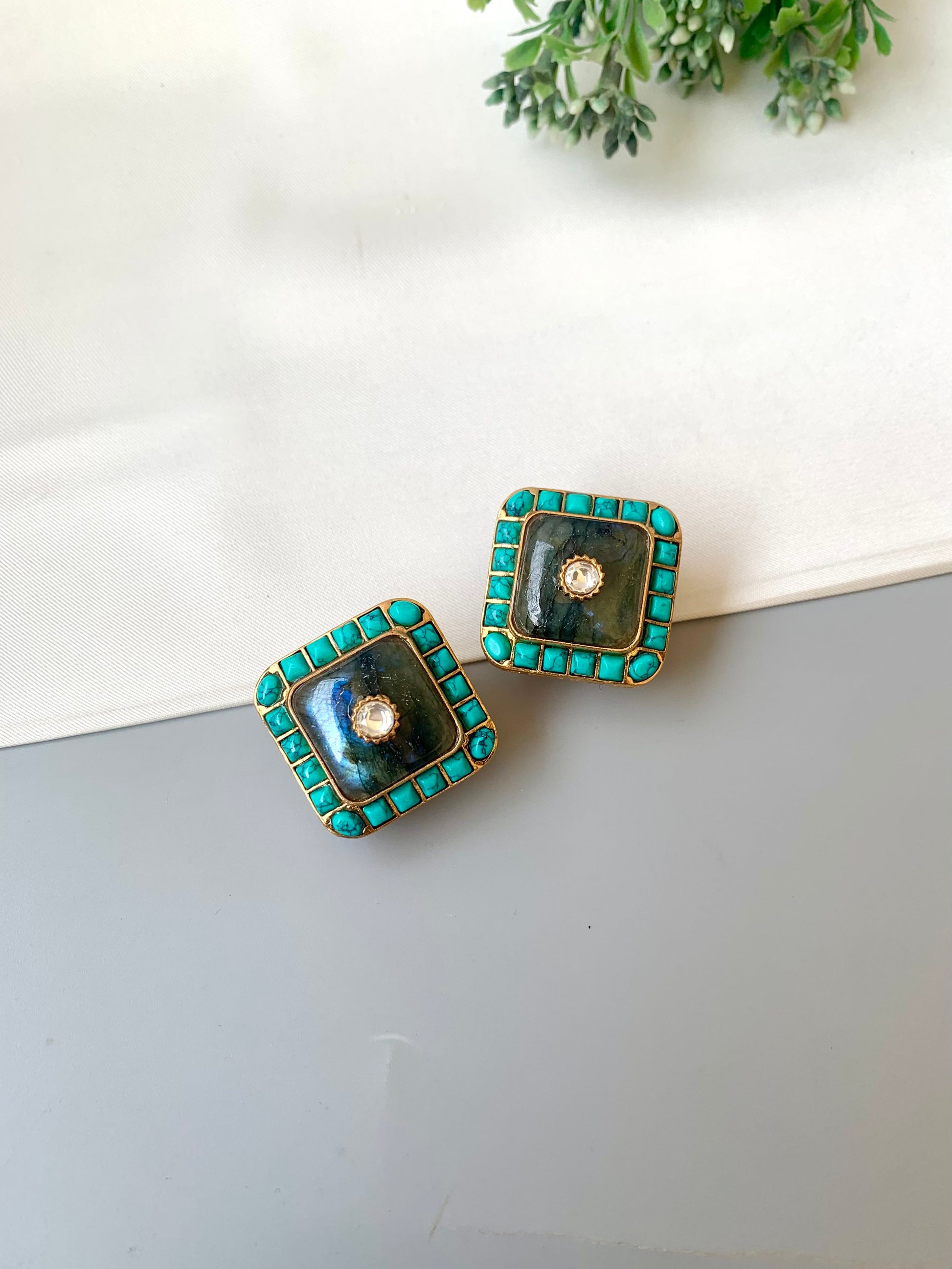 Sofi feroza moissanite kundan studs in victorian gold plating with moonstone