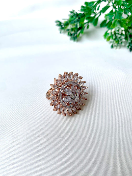 Close-up of Solara Bloom Ring by Zamal Jewels in 22kt rose gold plating with American Diamonds