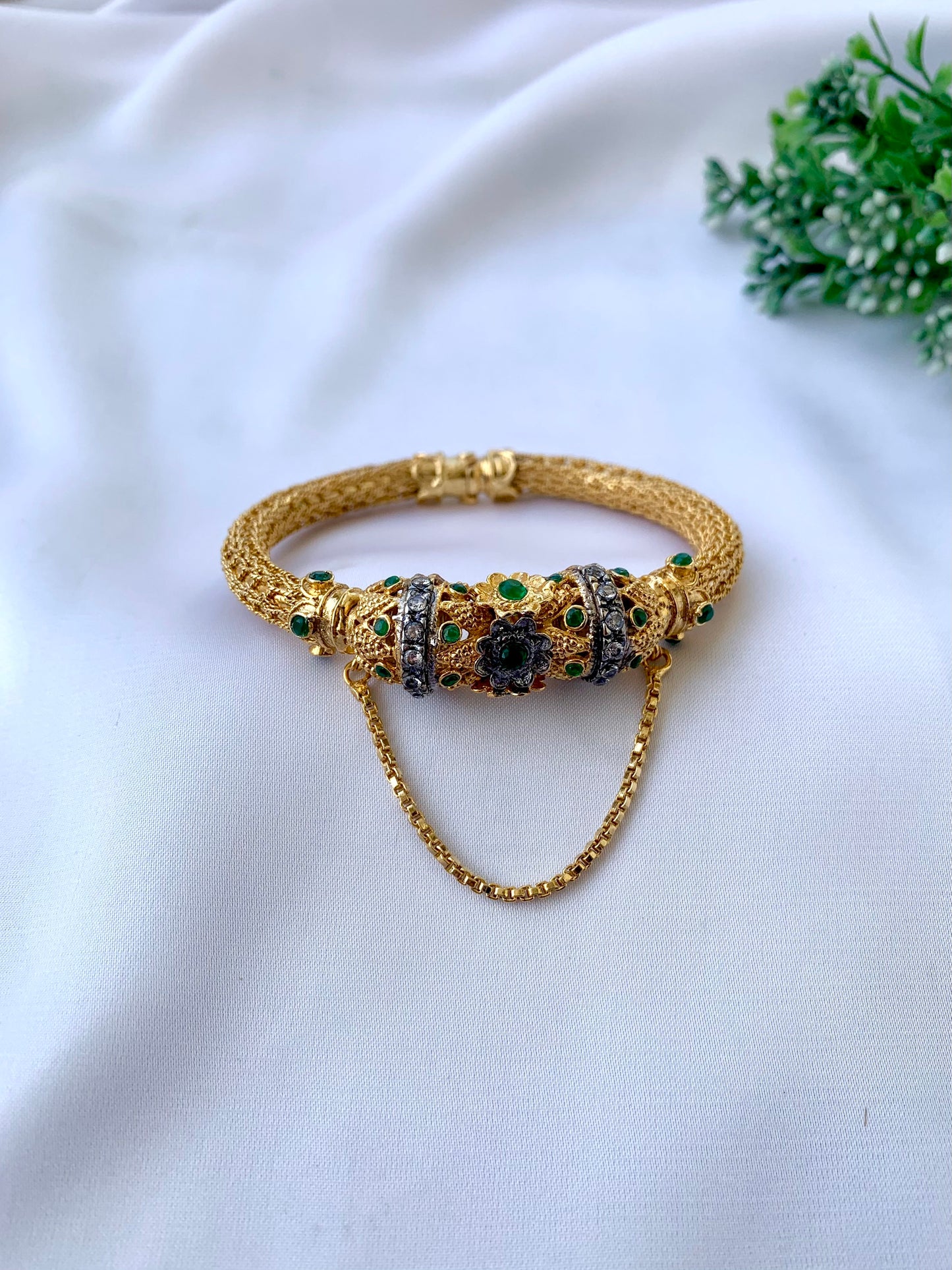 Sophiya gold plated openable chain bangle with American diamonds and emerald accents
