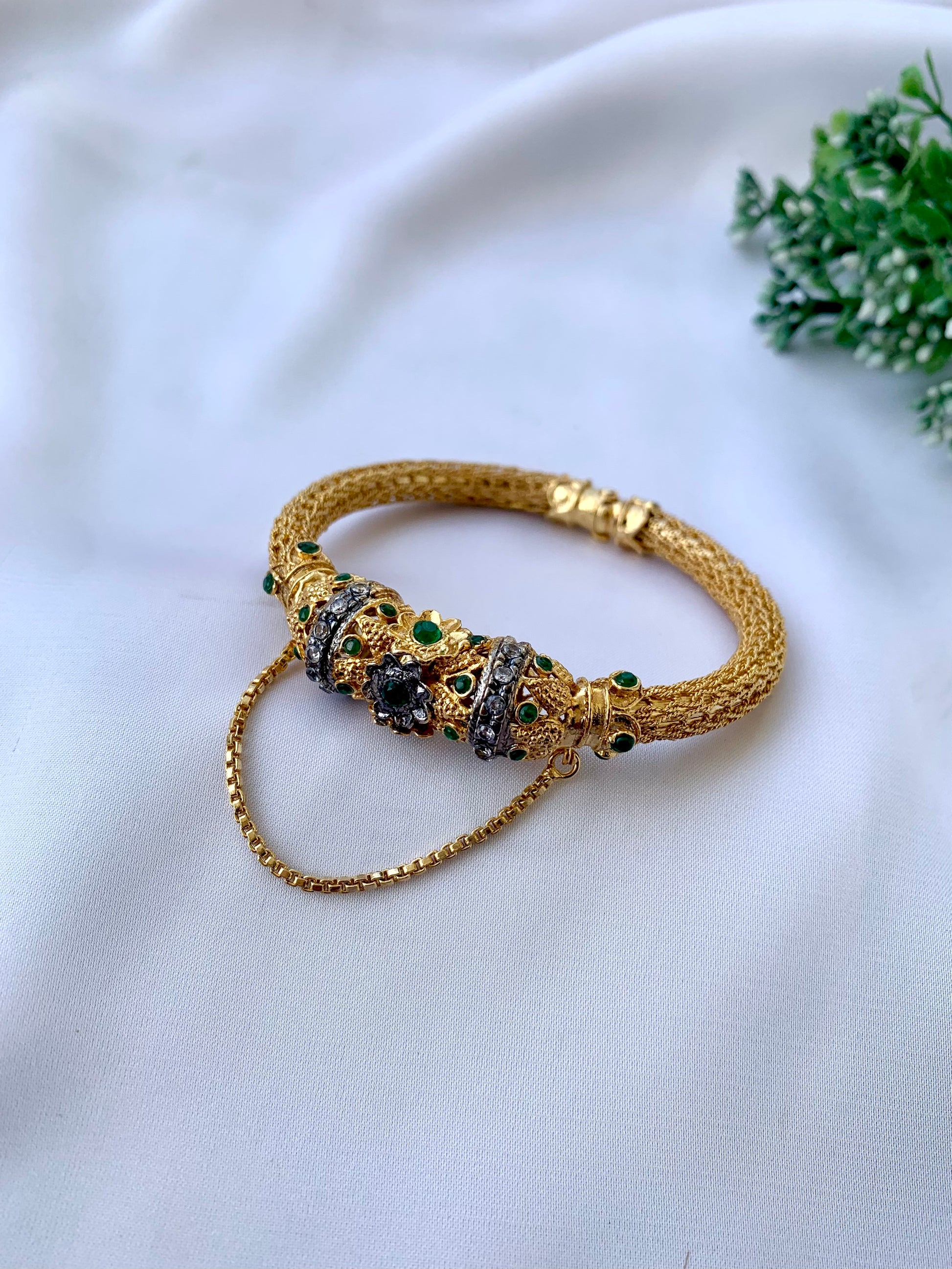 Sophiya gold plated openable chain bangle with American diamonds and emerald accents