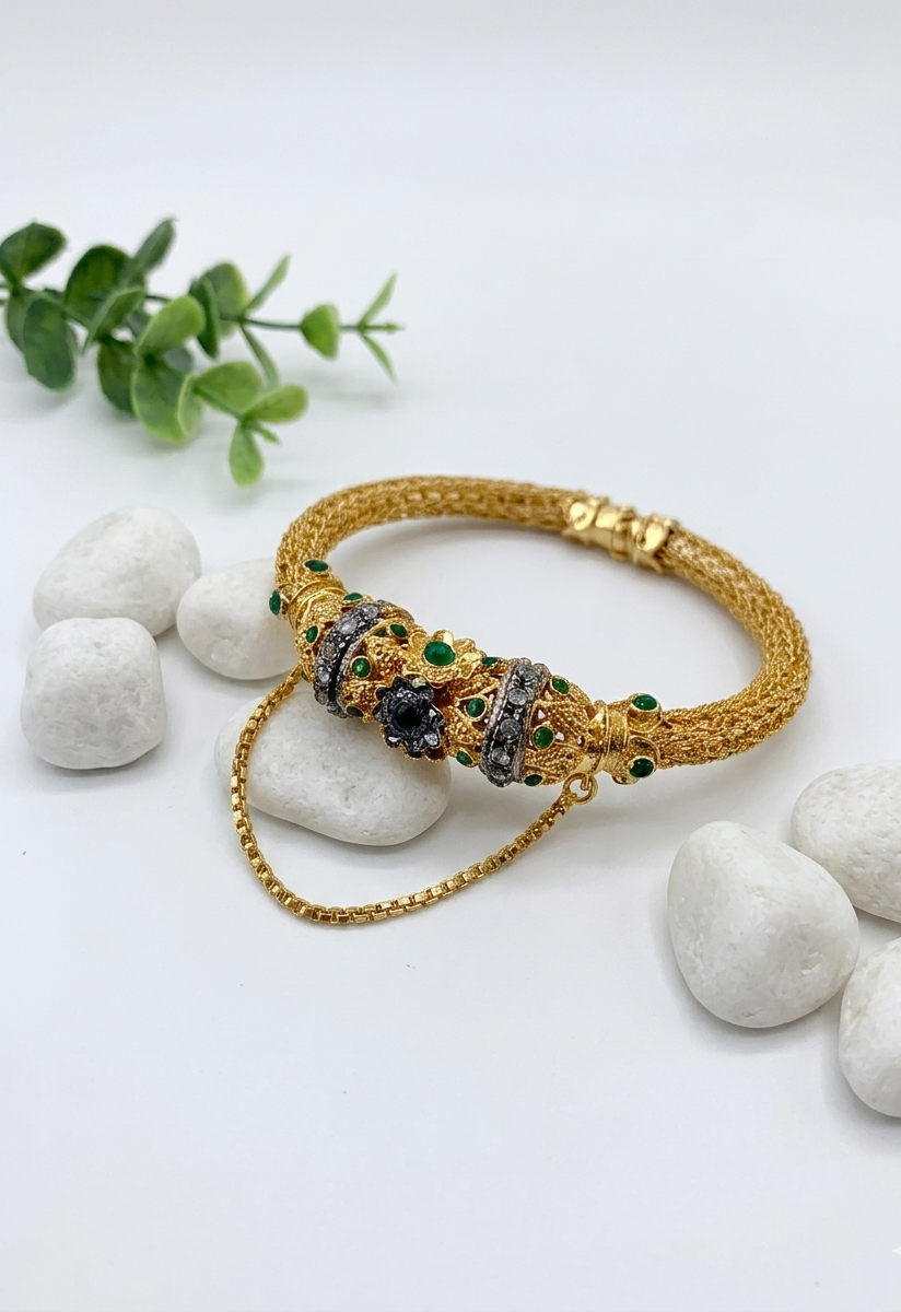 Sophiya gold plated openable chain bangle with American diamonds and emerald accents