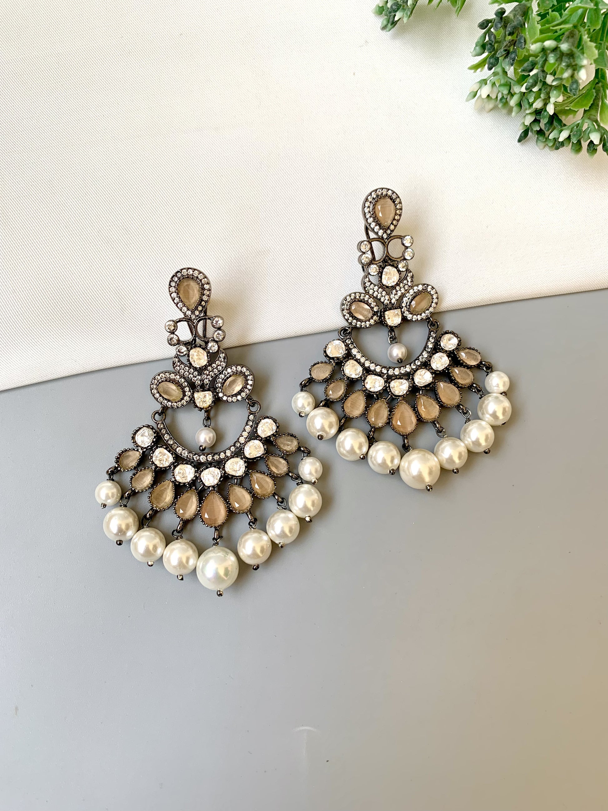 Suhani handcrafted signature earrings in rhodium oxidized finish with polki kundan, onyx and pearls