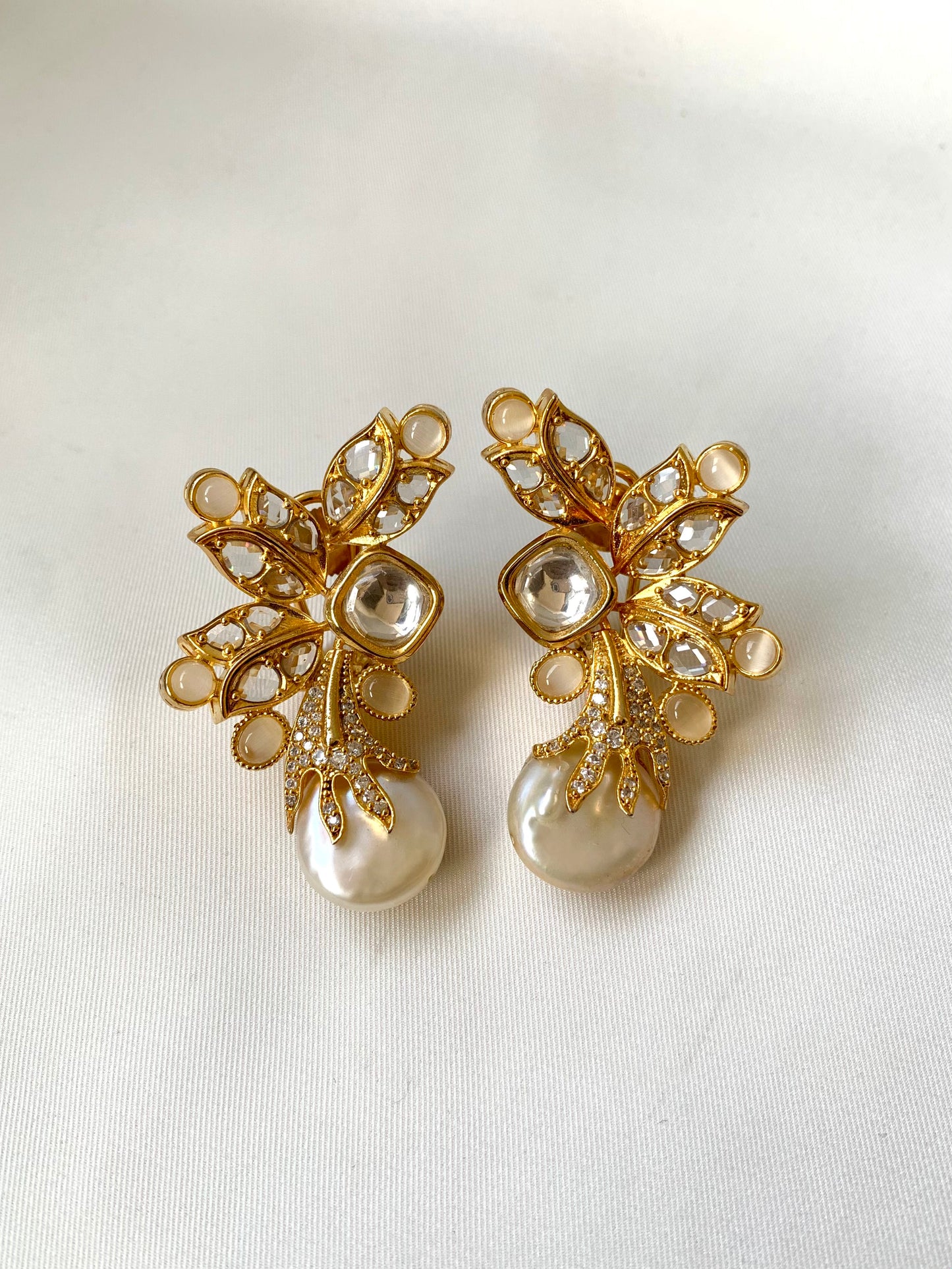 Sundar handcrafted designer earrings with baroque pearls, polki kundan and onyx