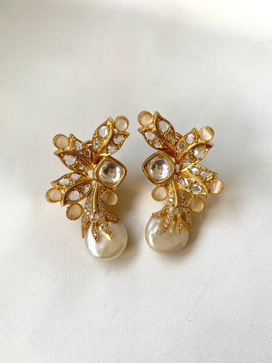 Sundar handcrafted designer earrings with baroque pearls, polki kundan and onyx