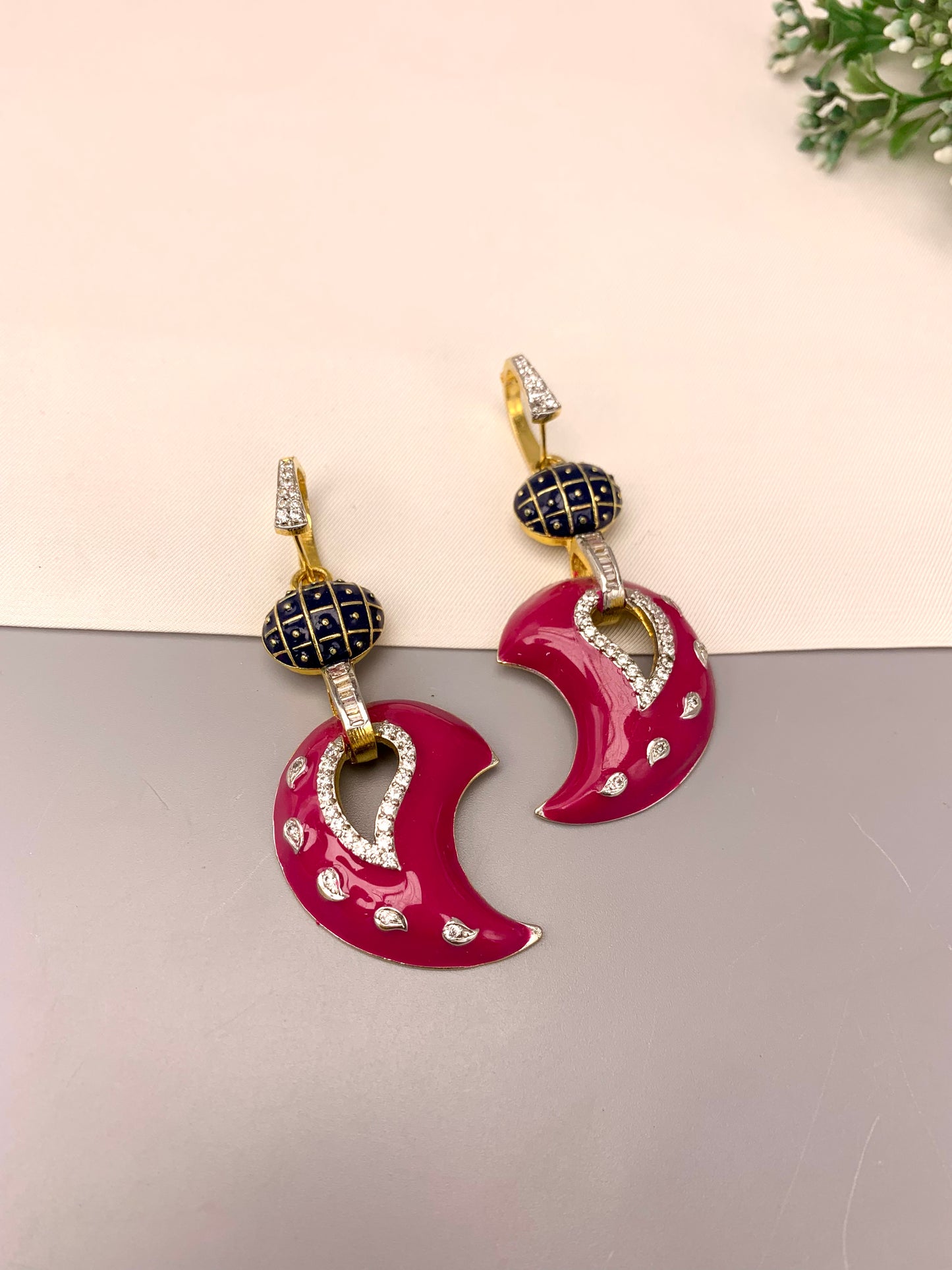 Taniya handcrafted 22kt gold plated convertible earrings with American Diamonds and hand-painted Meena enamel