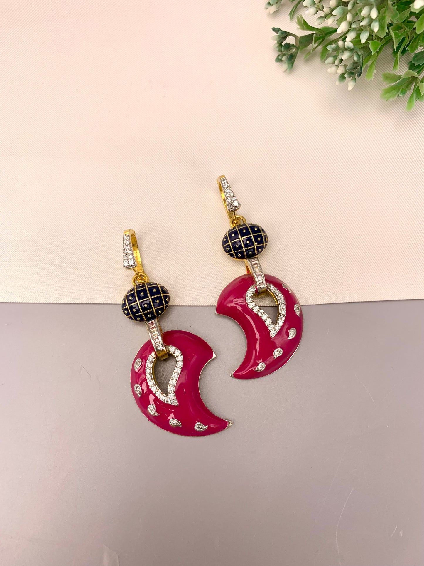 Taniya handcrafted 22kt gold plated convertible earrings with American Diamonds and hand-painted Meena enamel