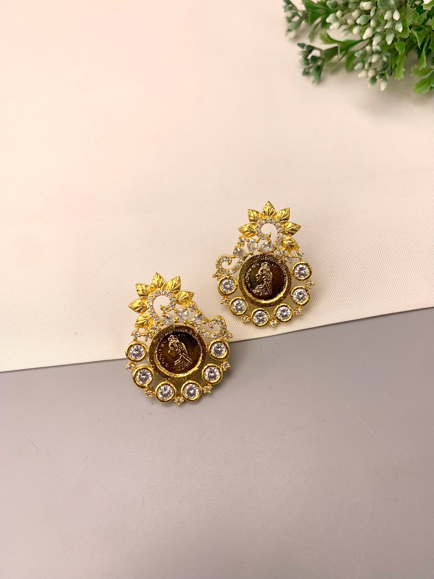 Victoria handcrafted 22kt gold plated earrings featuring a Queen Victoria coin design with high quality American Diamonds