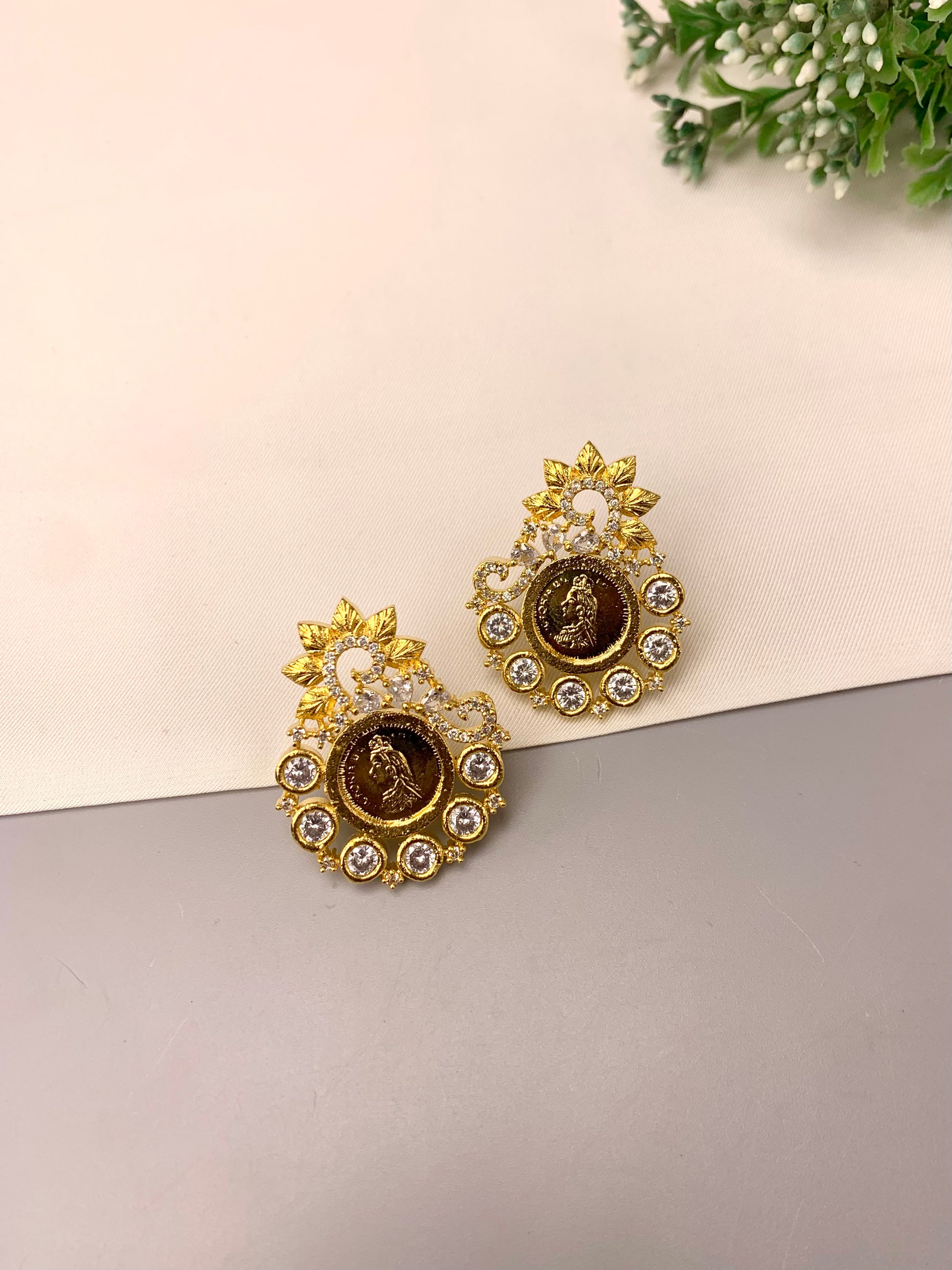 Victoria handcrafted 22kt gold plated earrings featuring a Queen Victoria coin design with high quality American Diamonds