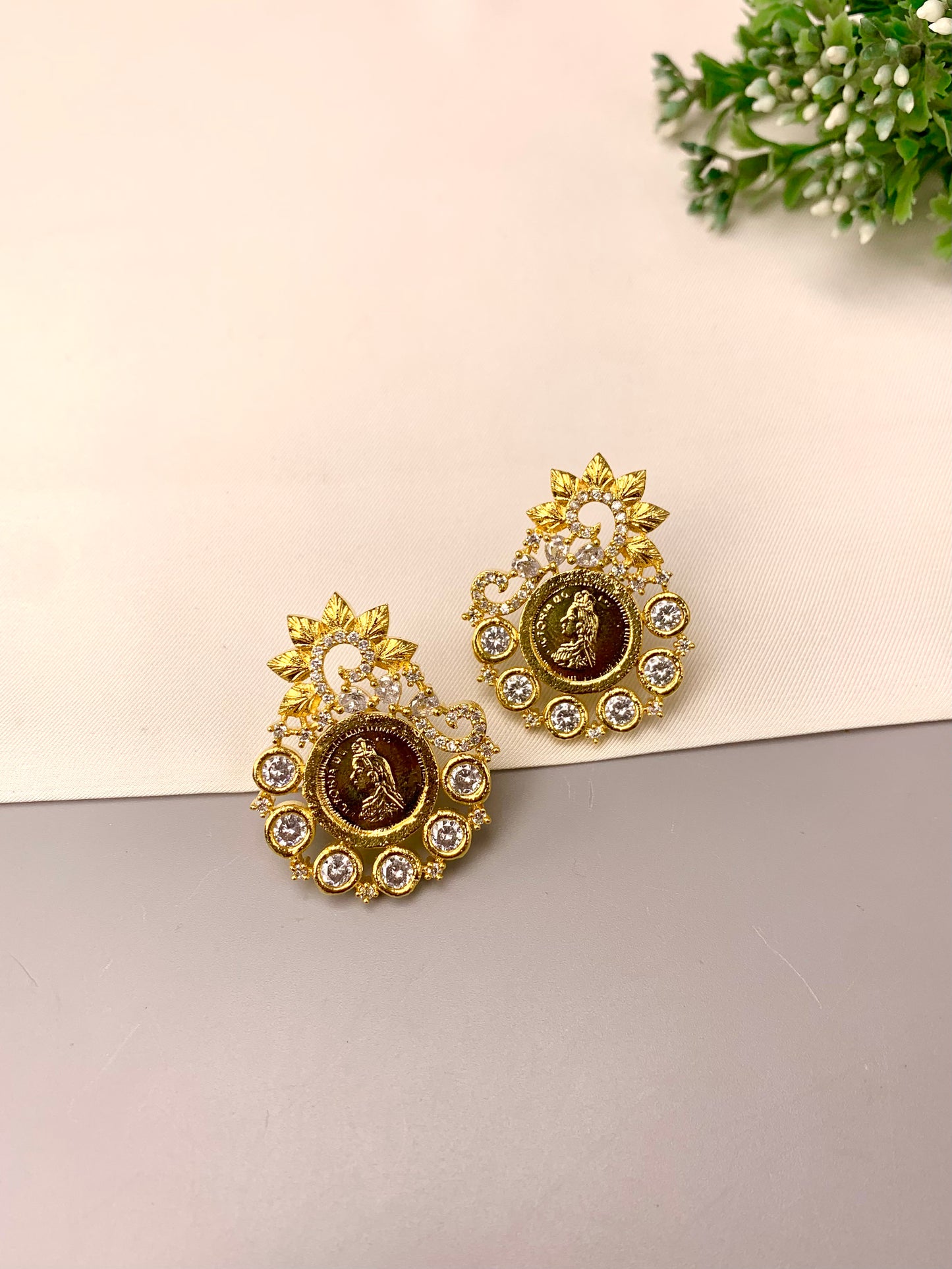Victoria handcrafted 22kt gold plated earrings featuring a Queen Victoria coin design with high quality American Diamonds