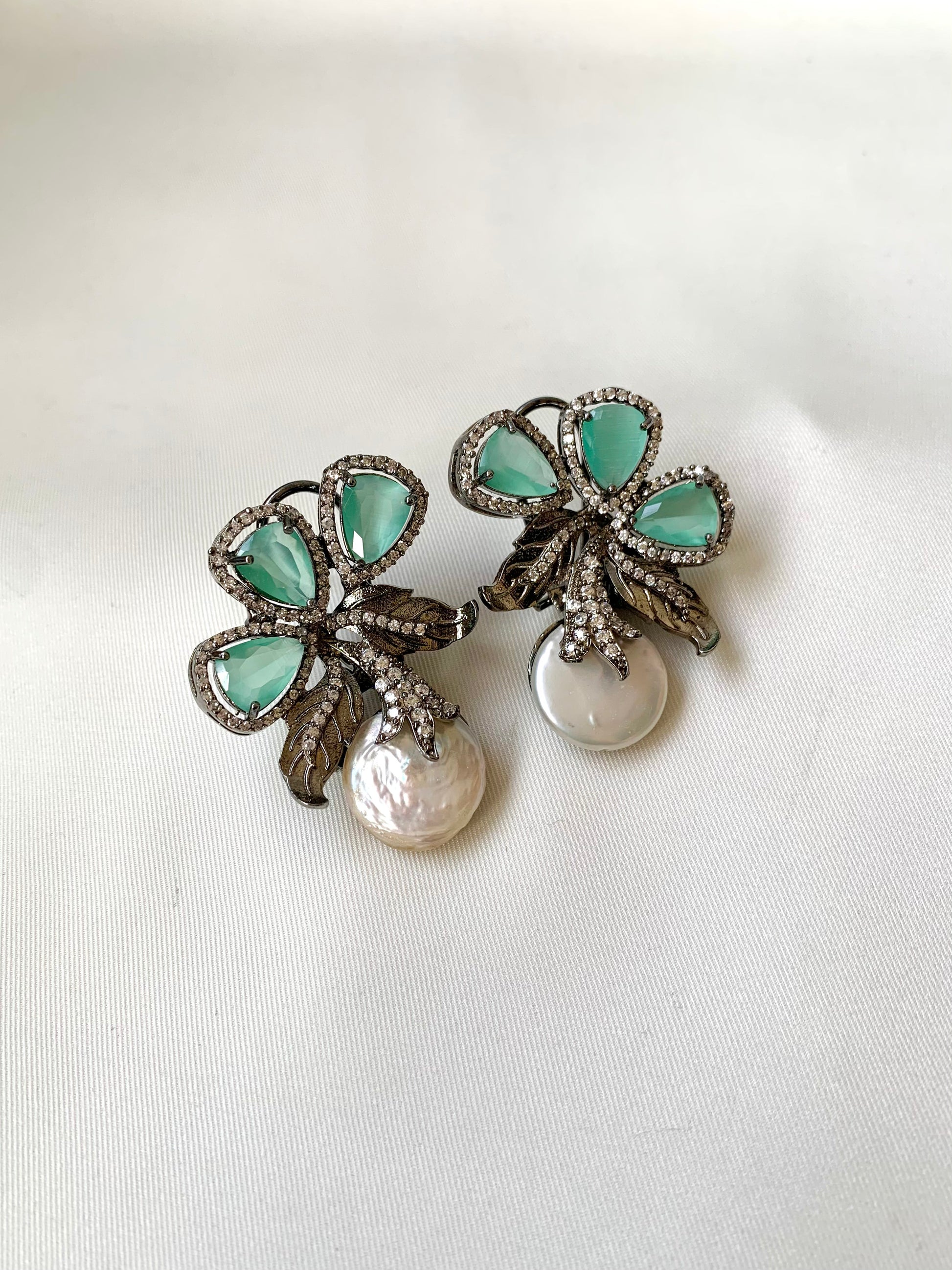 Virasat Mint Onyx rhodium plated signature studs with baroque pearls