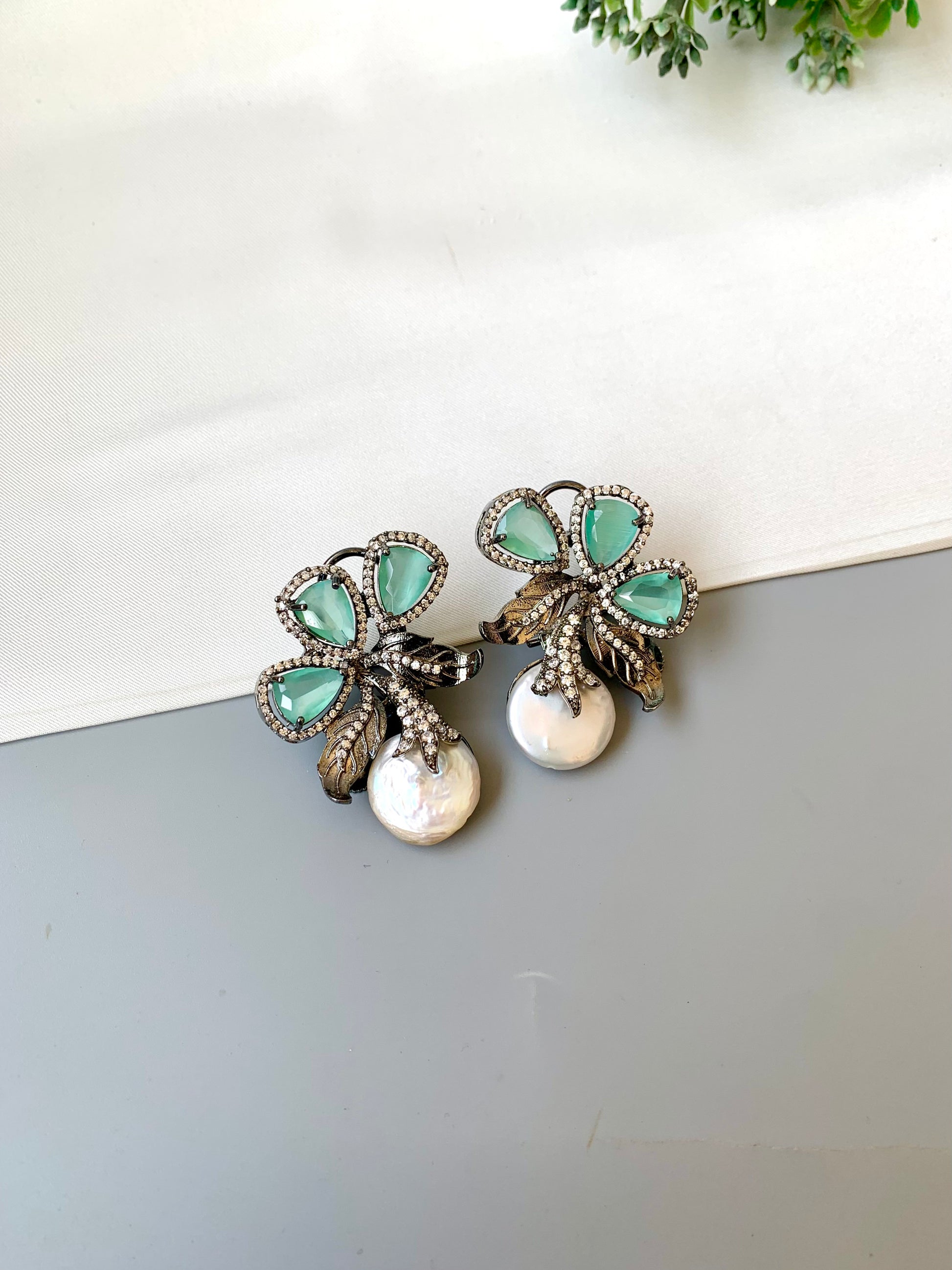 Virasat Mint rhodium plated signature studs with baroque pearls, ruby & American Diamonds