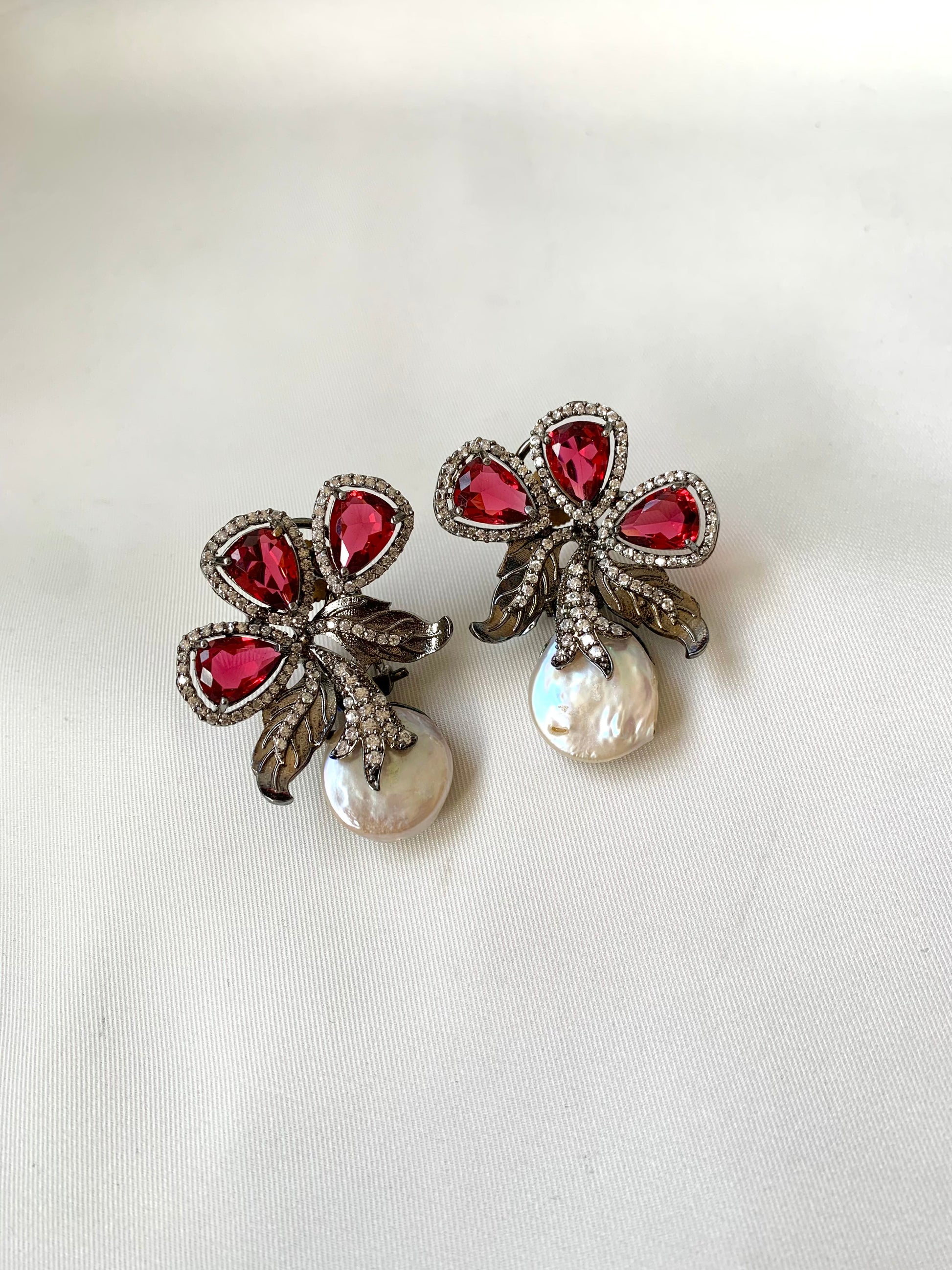 Virasat Ruby rhodium plated signature studs with baroque pearls