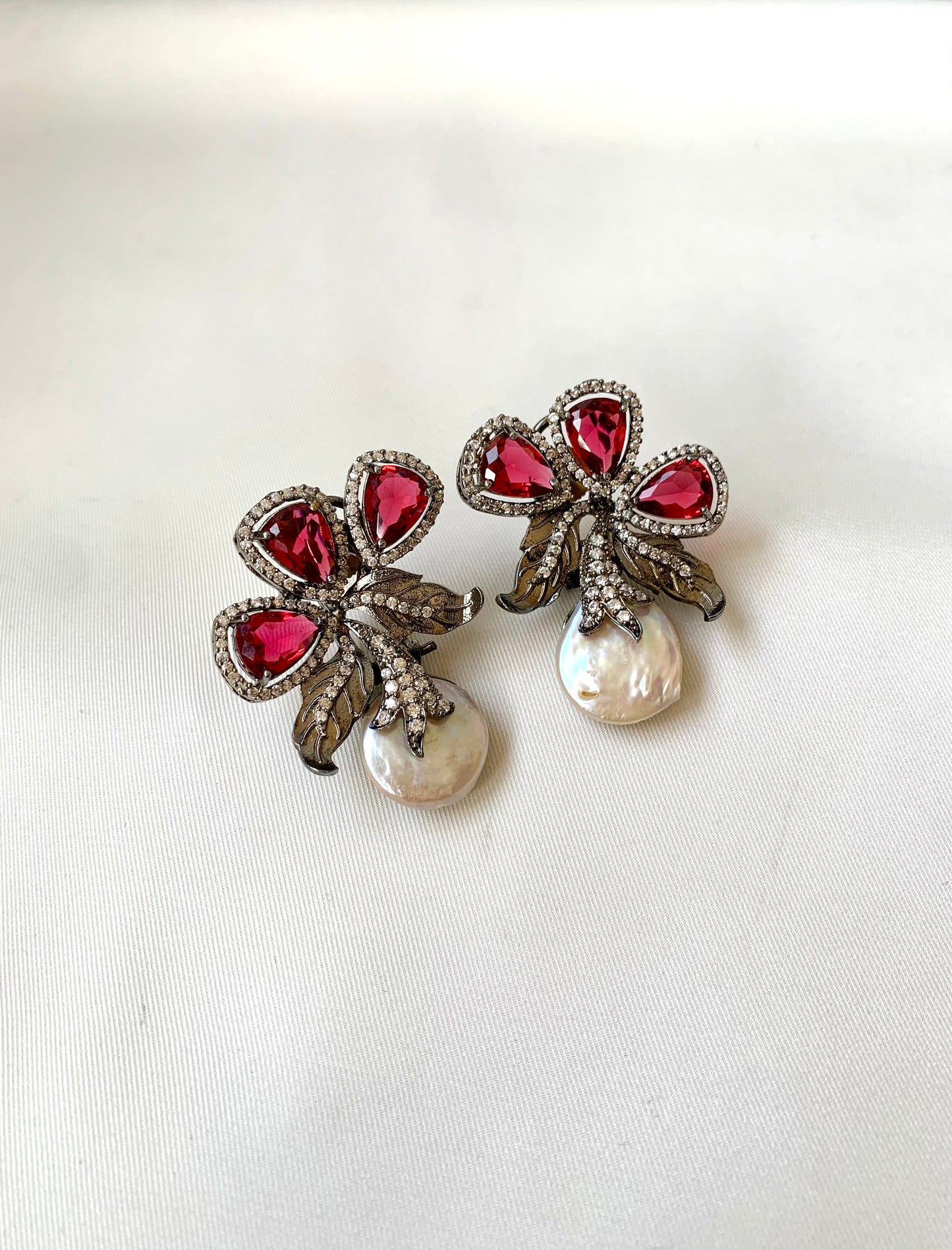 Virasat Ruby rhodium plated signature studs with baroque pearls