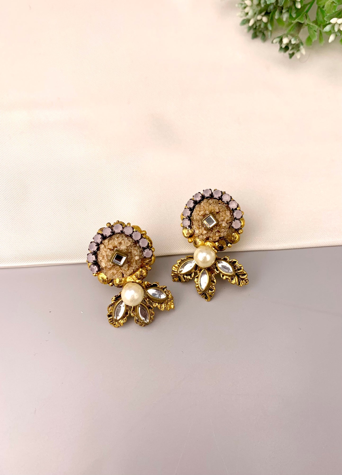 Yashmitha handcrafted gold plated earrings with kundan pearls and natural gemstones