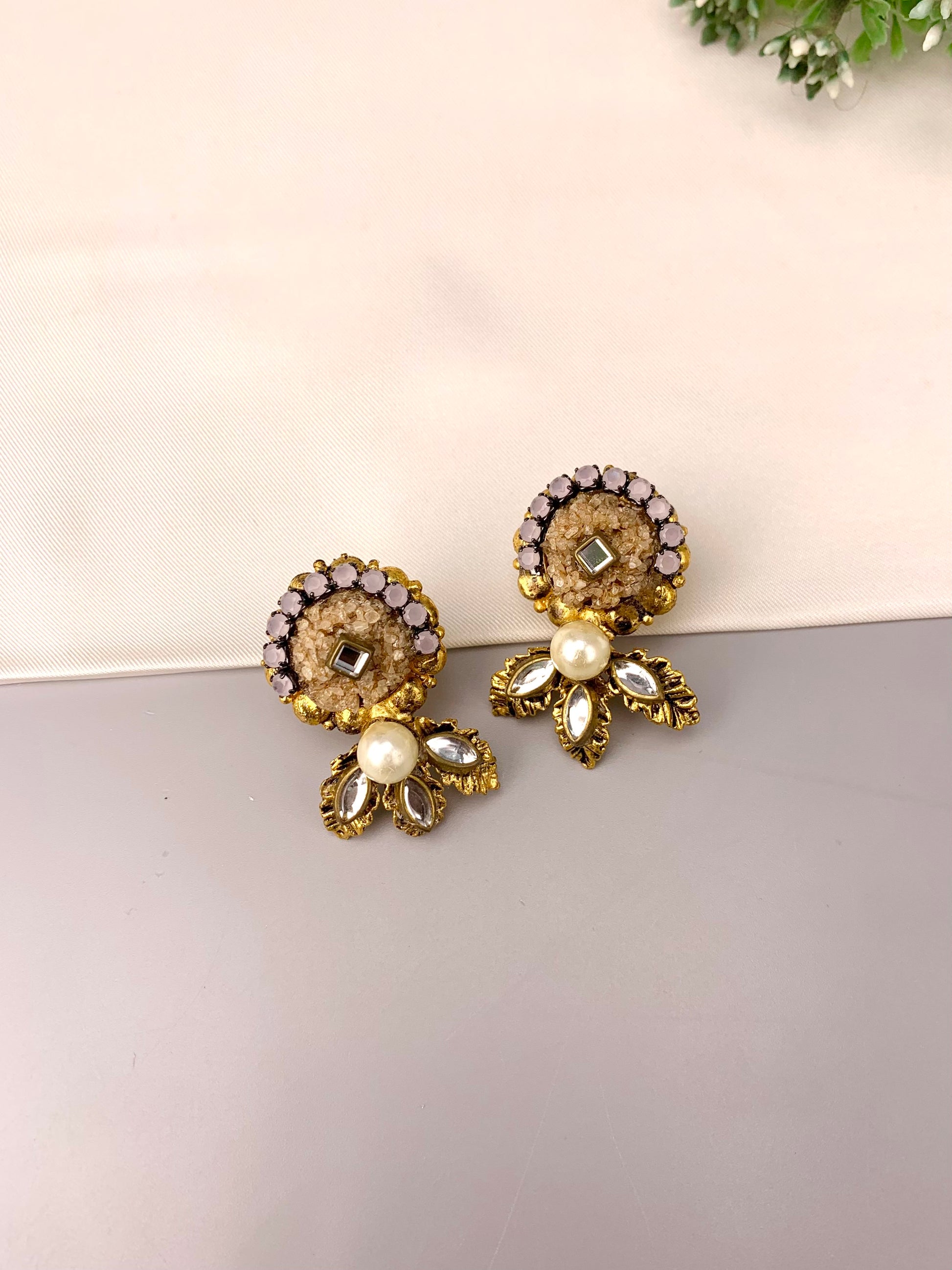 Yashmitha handcrafted gold plated earrings with kundan pearls and natural gemstones