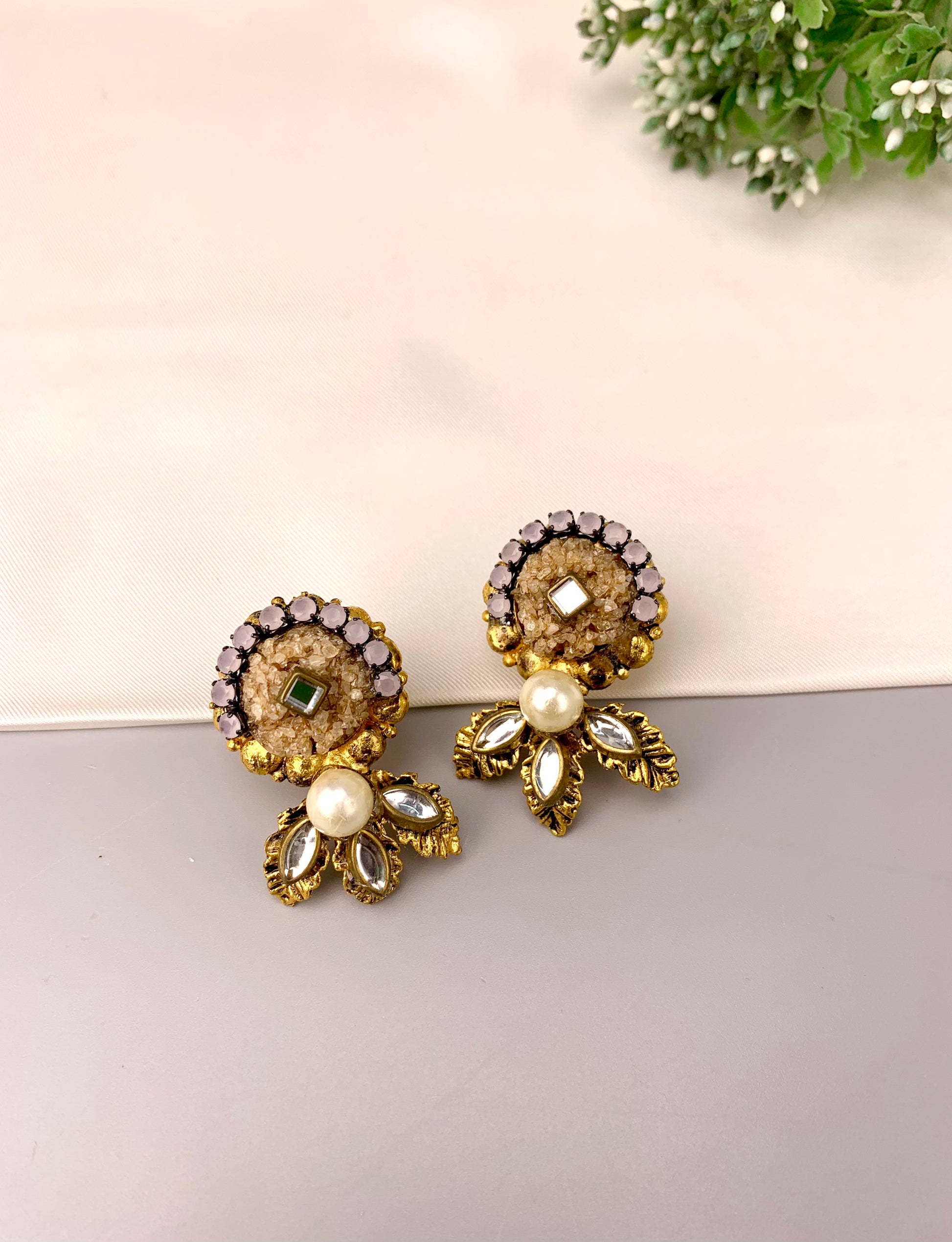 Yashmitha handcrafted gold plated earrings with kundan pearls and natural gemstones