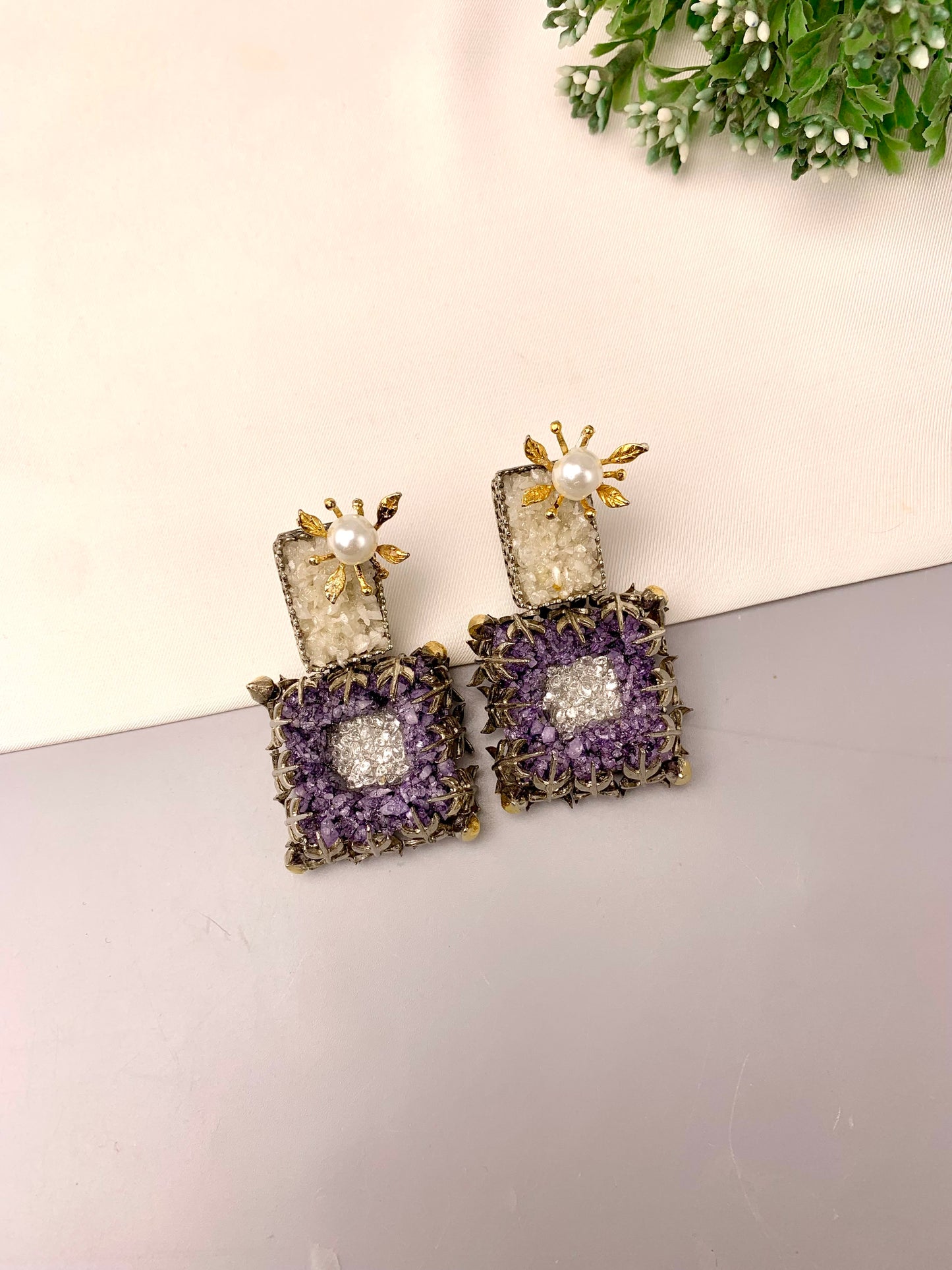 Yorkabel handcrafted earrings with American Diamonds and semi-precious natural gemstones, available in 22kt gold plated Ruby and rhodium oxidized Amethyst variants