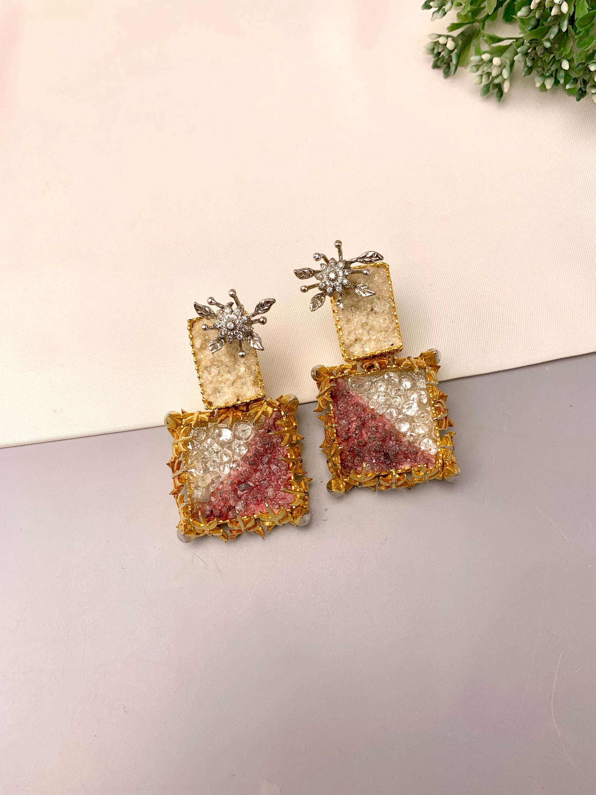 Yorkabel handcrafted earrings with American Diamonds and semi-precious natural gemstones, available in 22kt gold plated Ruby and rhodium oxidized Amethyst variants