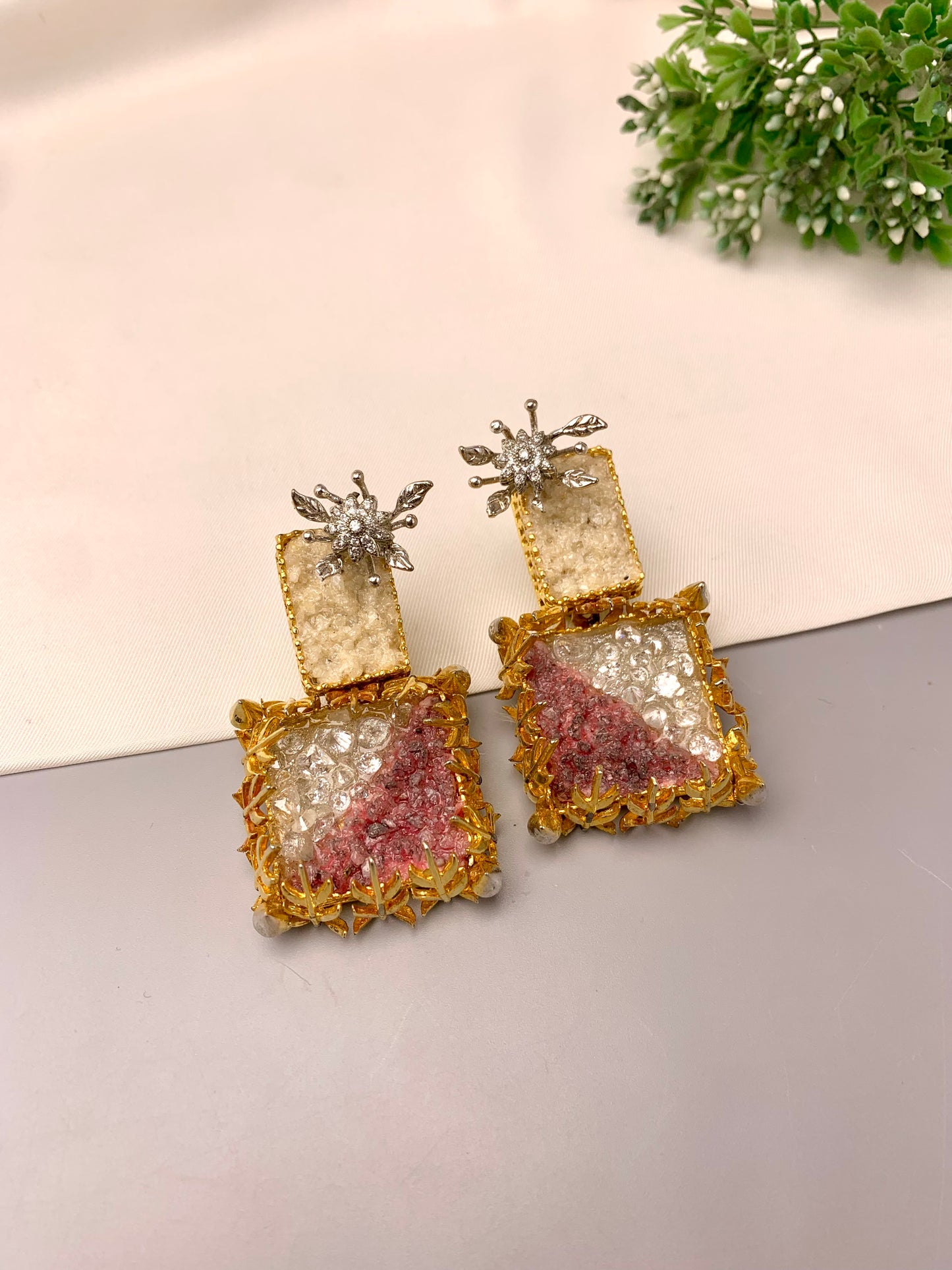 Yorkabel handcrafted earrings with American Diamonds and semi-precious natural gemstones, available in 22kt gold plated Ruby and rhodium oxidized Amethyst variants