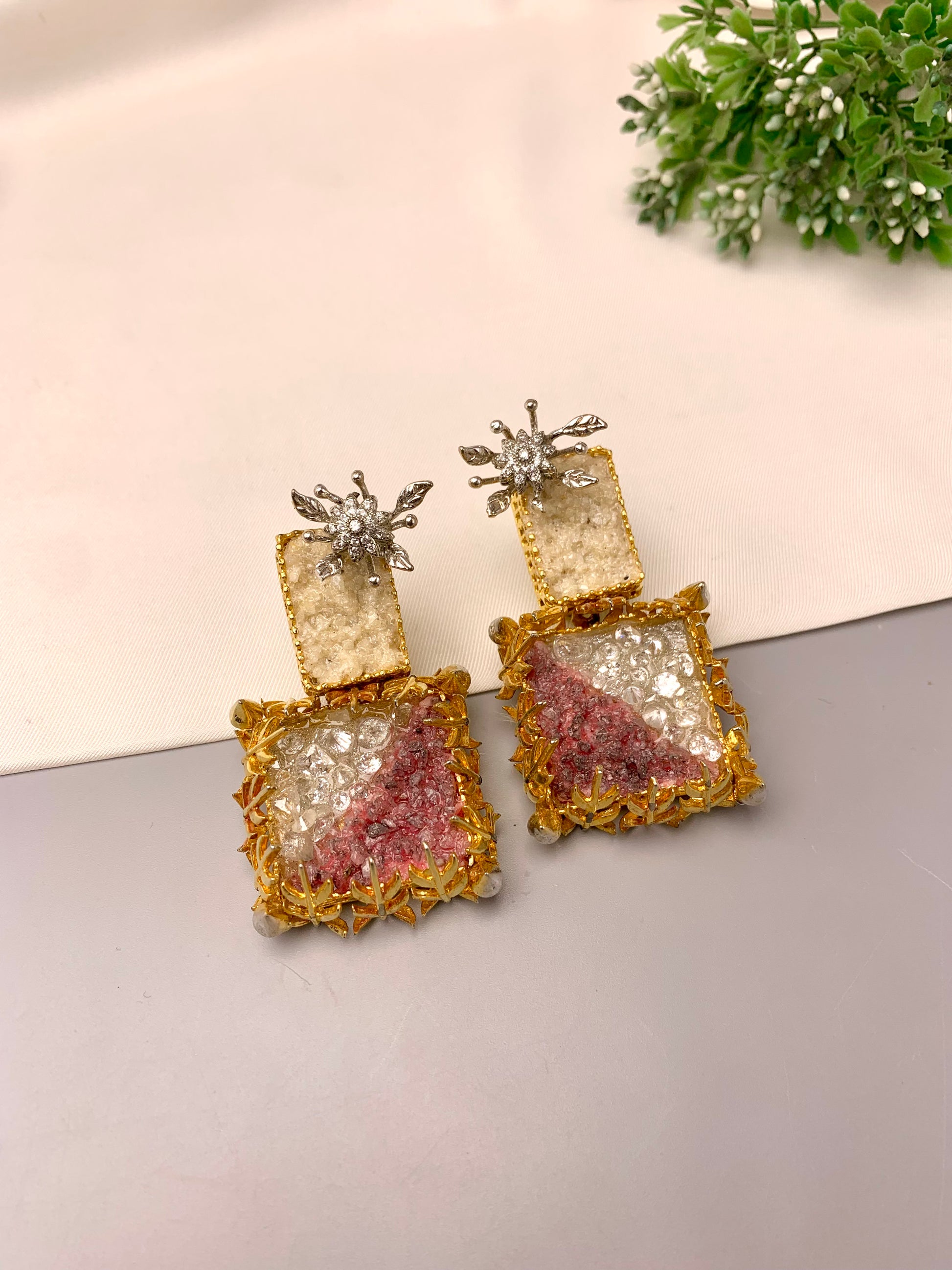 Yorkabel handcrafted earrings with American Diamonds and semi-precious natural gemstones, available in 22kt gold plated Ruby and rhodium oxidized Amethyst variants